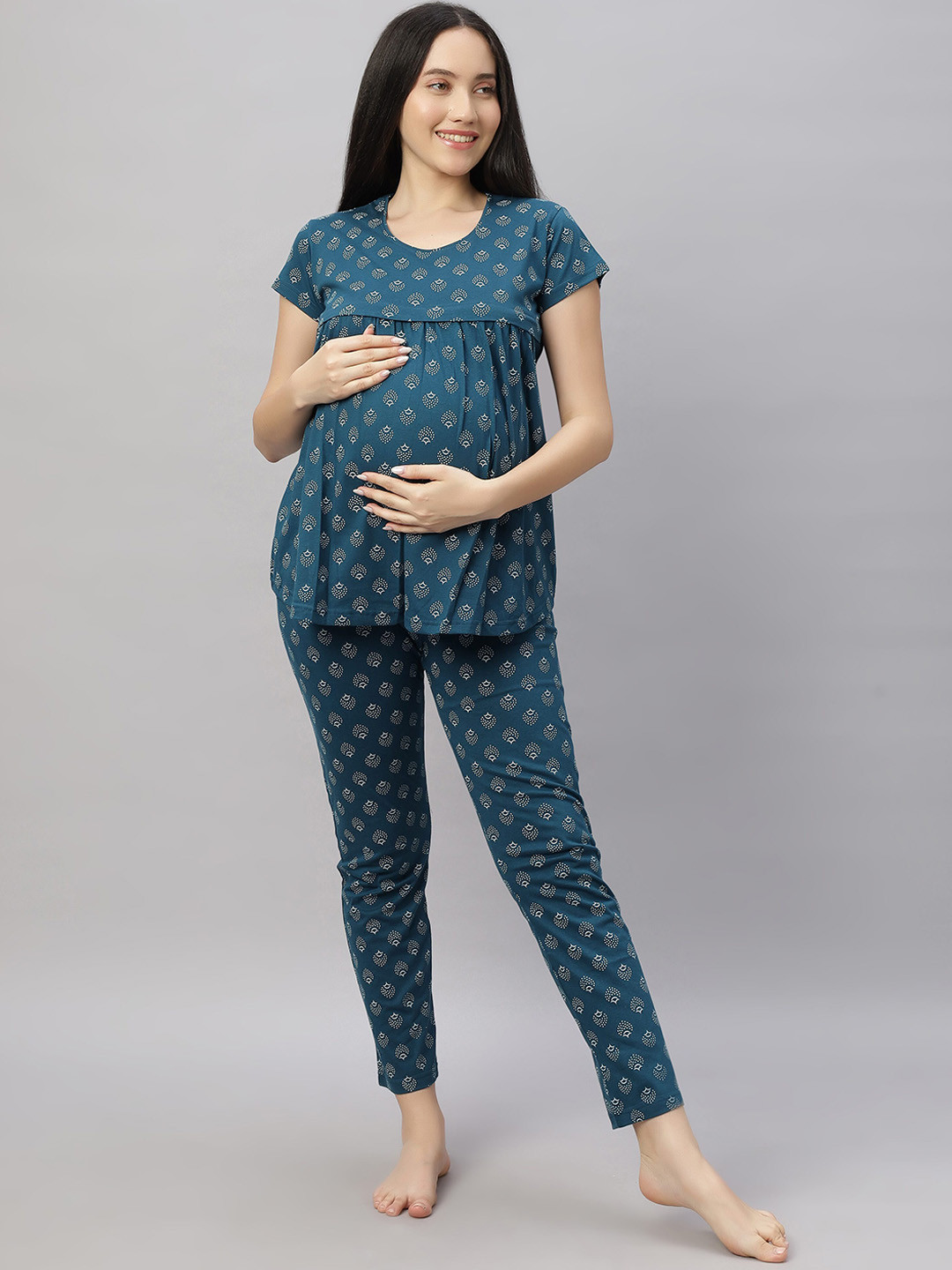 

DZZO Women Printed Night suit, Turquoise blue