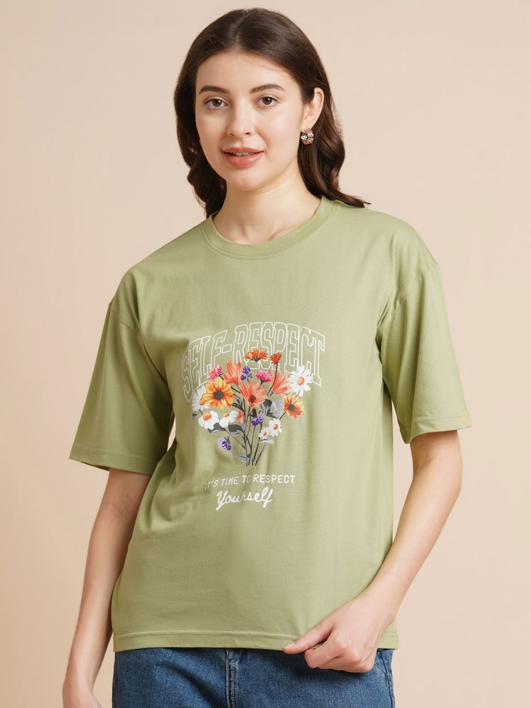 

ANJIR Women Floral Printed Round Neck Oversized T-shirt, Green
