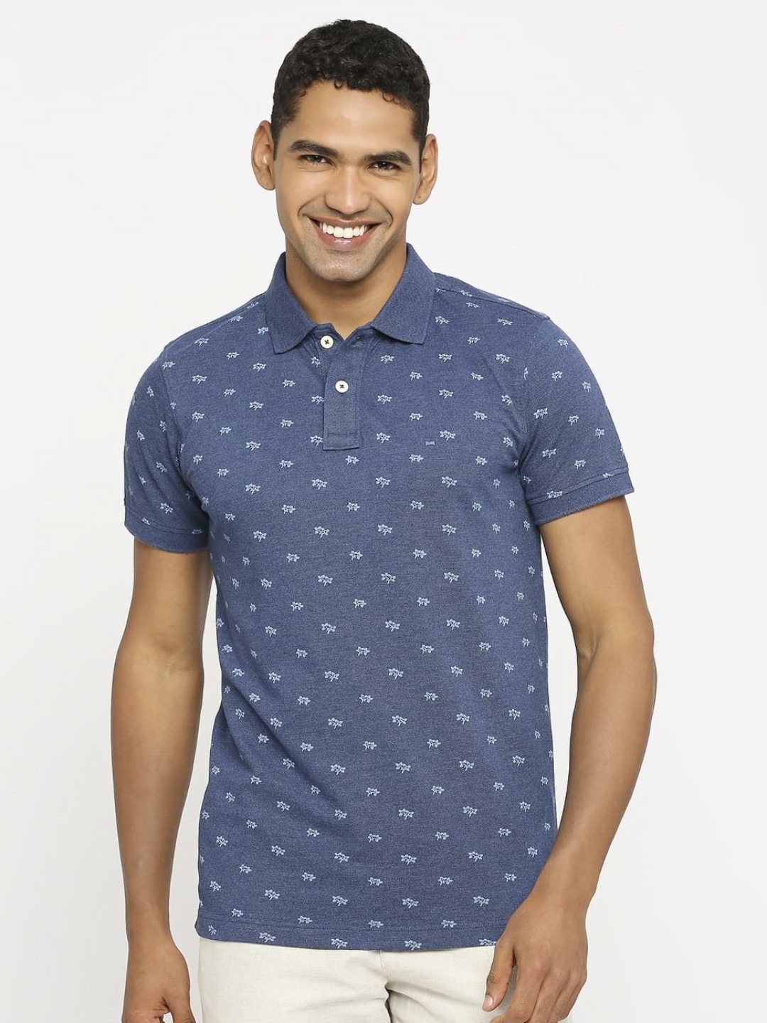

Basics Men Floral Printed Polo Collar Cotton T-shirt, Blue