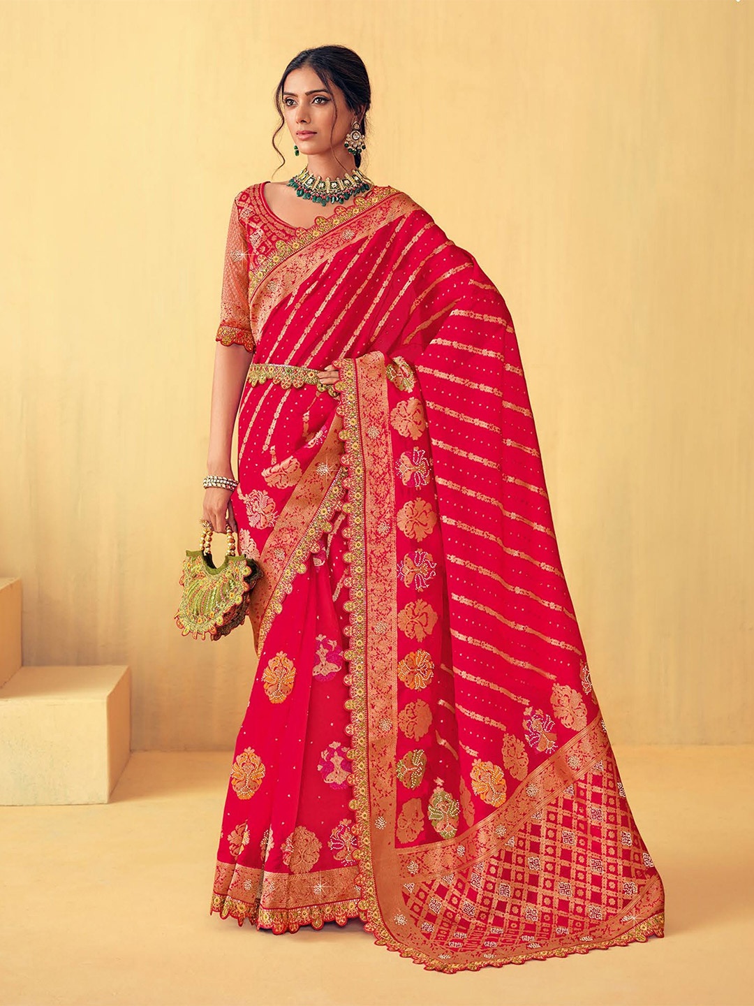 

MAHALASA Ethnic Motifs Beads and Stones Art Silk Saree, Pink