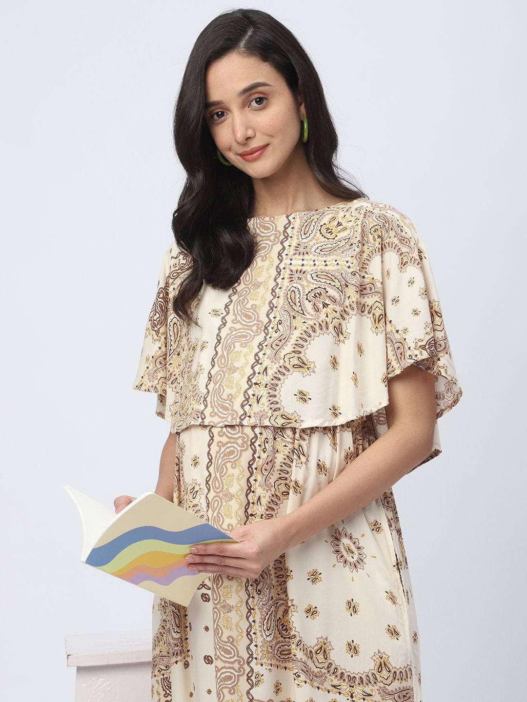 

Mystere Paris Women Paisley Print Cape Sleeve Maternity A-Line Maxi Dress, Off white