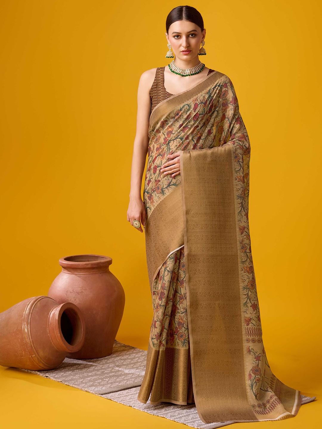 

DIVASTRI Kalamkari Zari Saree, Mustard