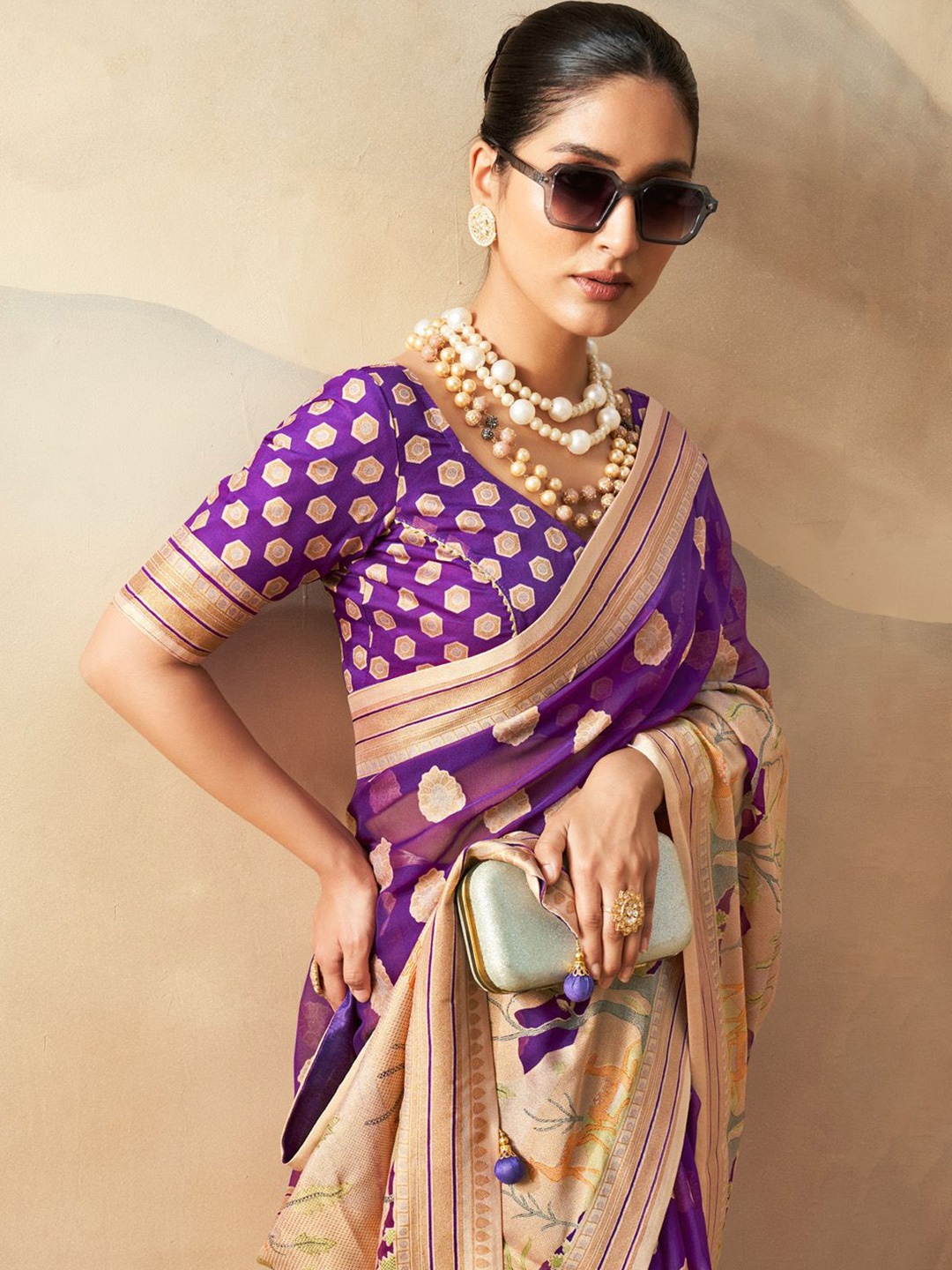

Anouk Ethnic Motifs Zari Poly Georgette Saree, Purple
