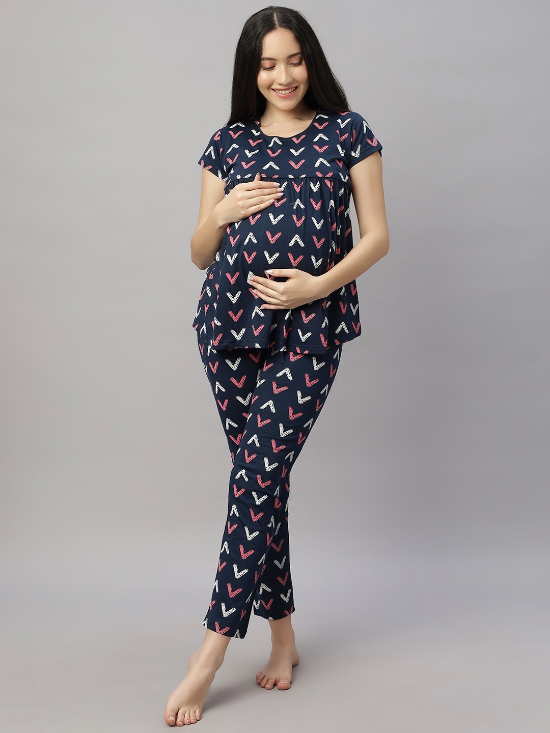 

DZZO Women Printed Night suit, Navy blue