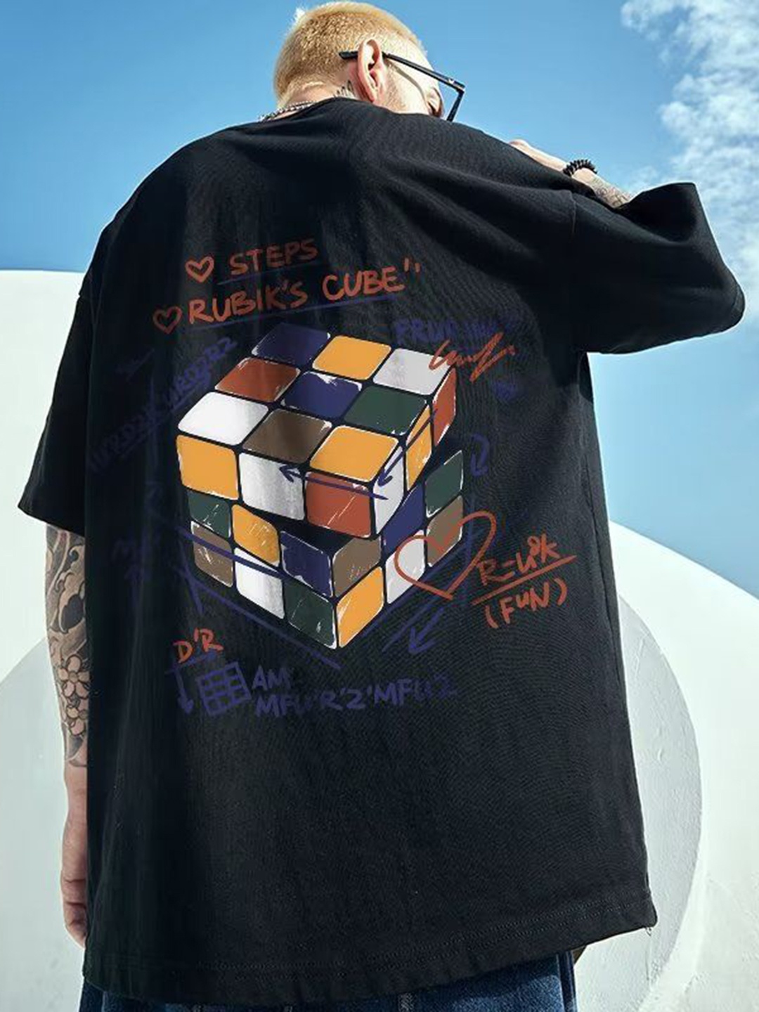 

HERE&NOW Men Graphic Printed Round Neck Oversized T-shirt, Black