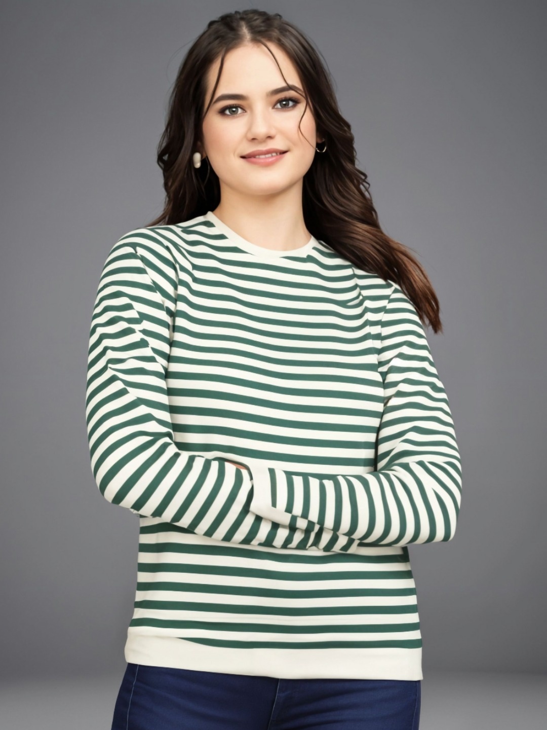 

MACK JONNEY Women Striped Pockets T-shirt, Green