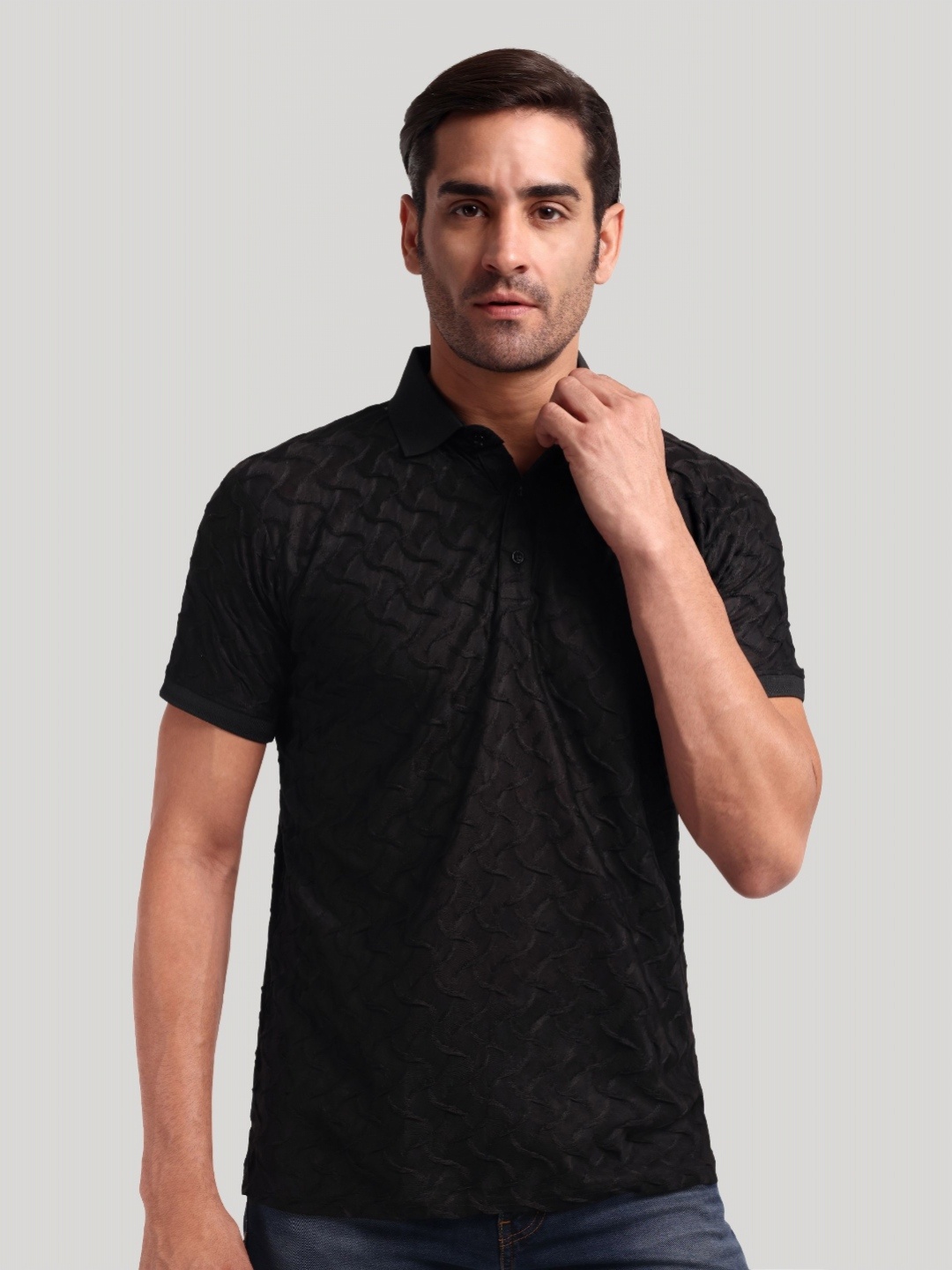 

Moda Rapido Men Self Design Polo Collar Cotton T-shirt, Black
