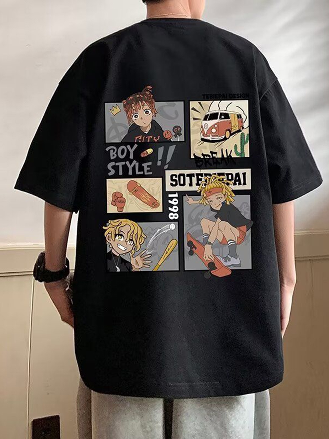 

HERE&NOW Men Graphic Printed Round Neck Cotton Oversized T-shirt, Black