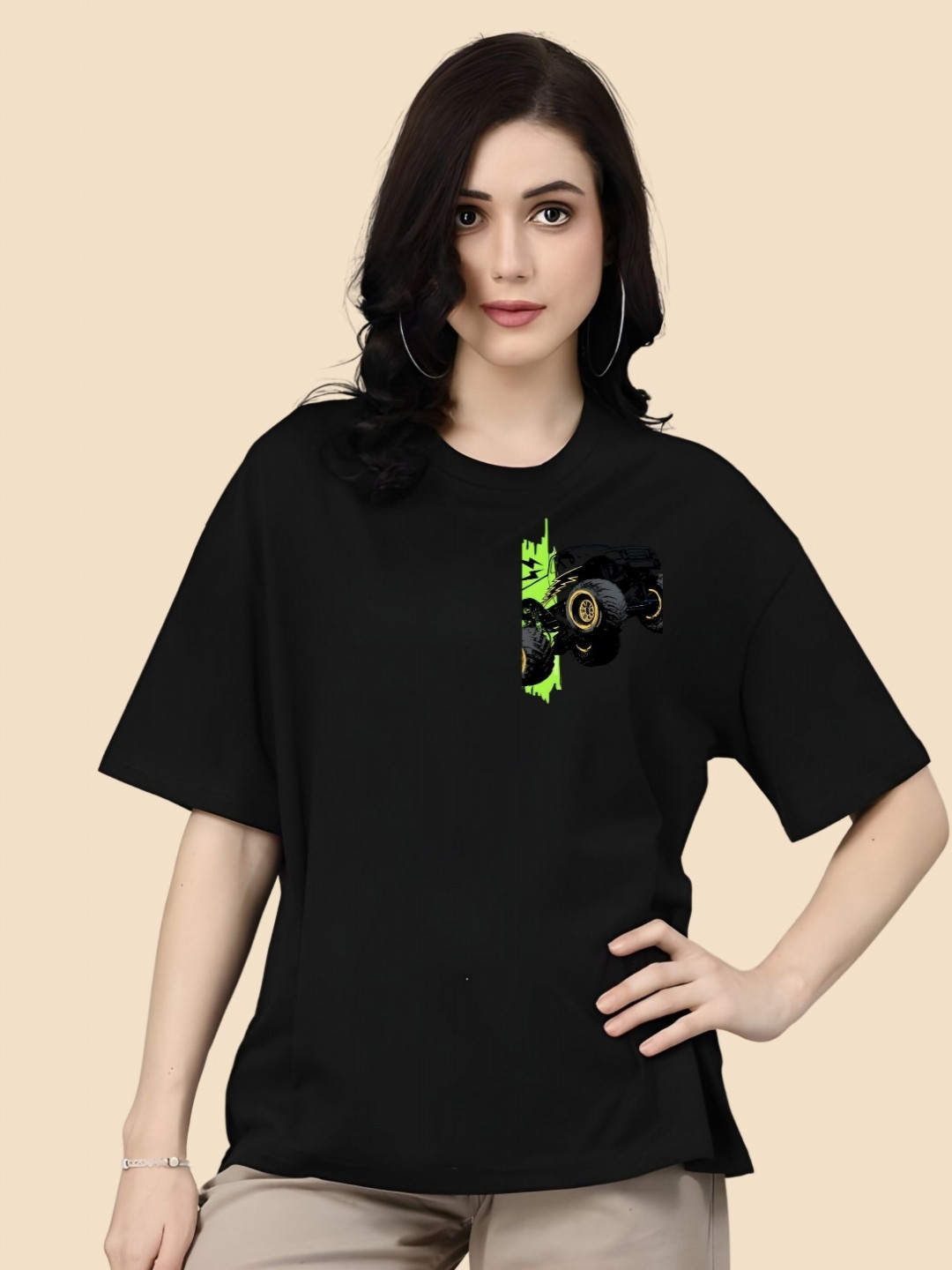 

SZN Women Graphic Printed Round Neck Cotton Oversized T-shirt, Black