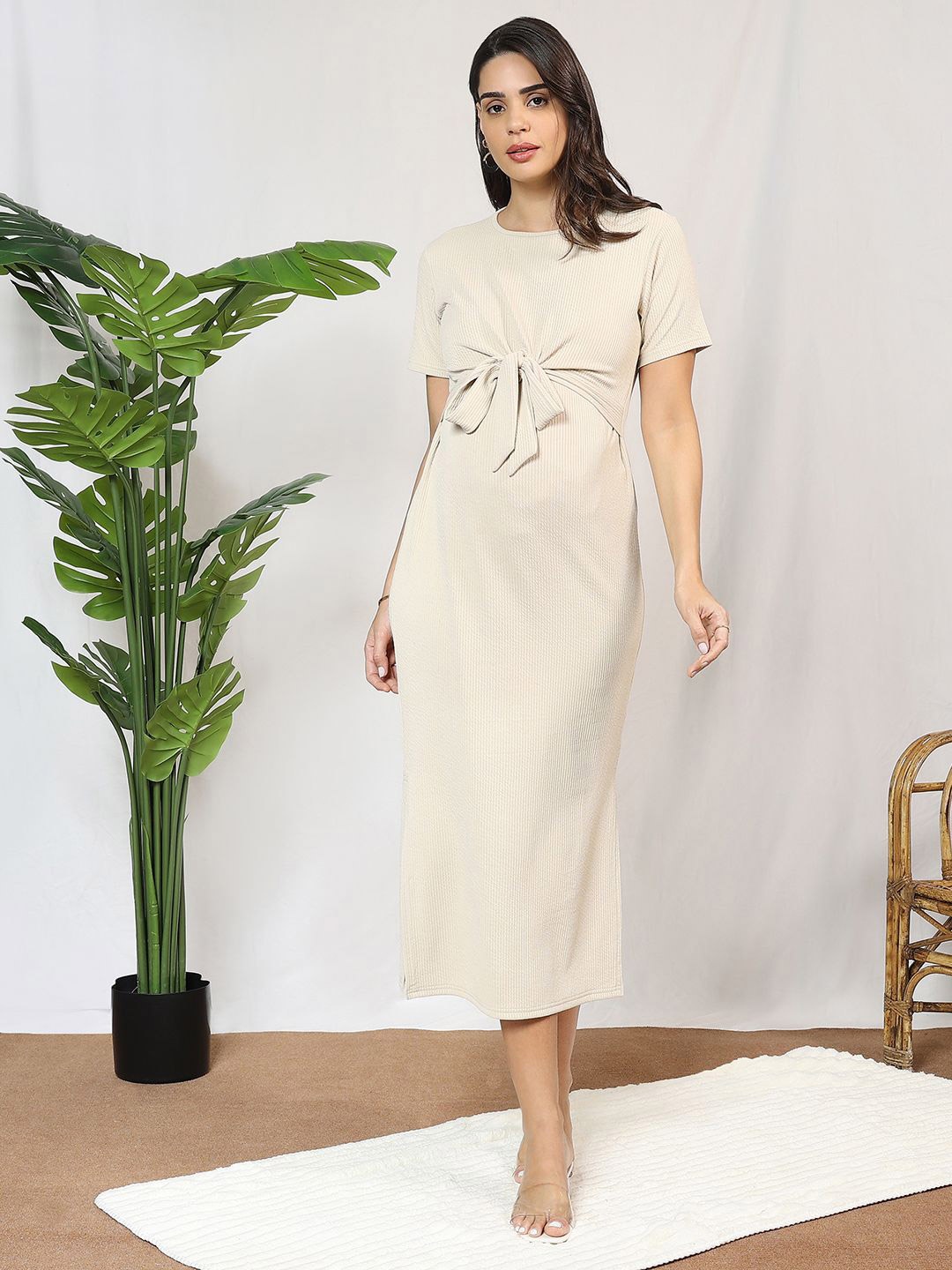 

MomToBe Women Polyester Linen Maternity Bodycon Dress, Cream