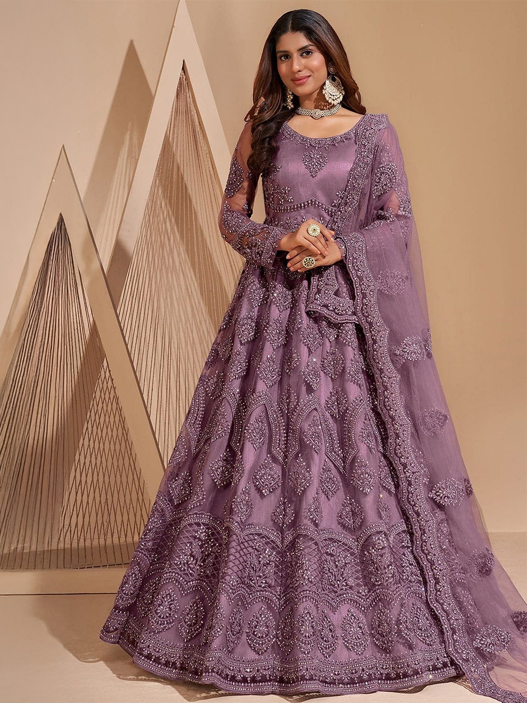 

A TO Z CART Women Floral Embroidered Gown With Dupatta, Purple