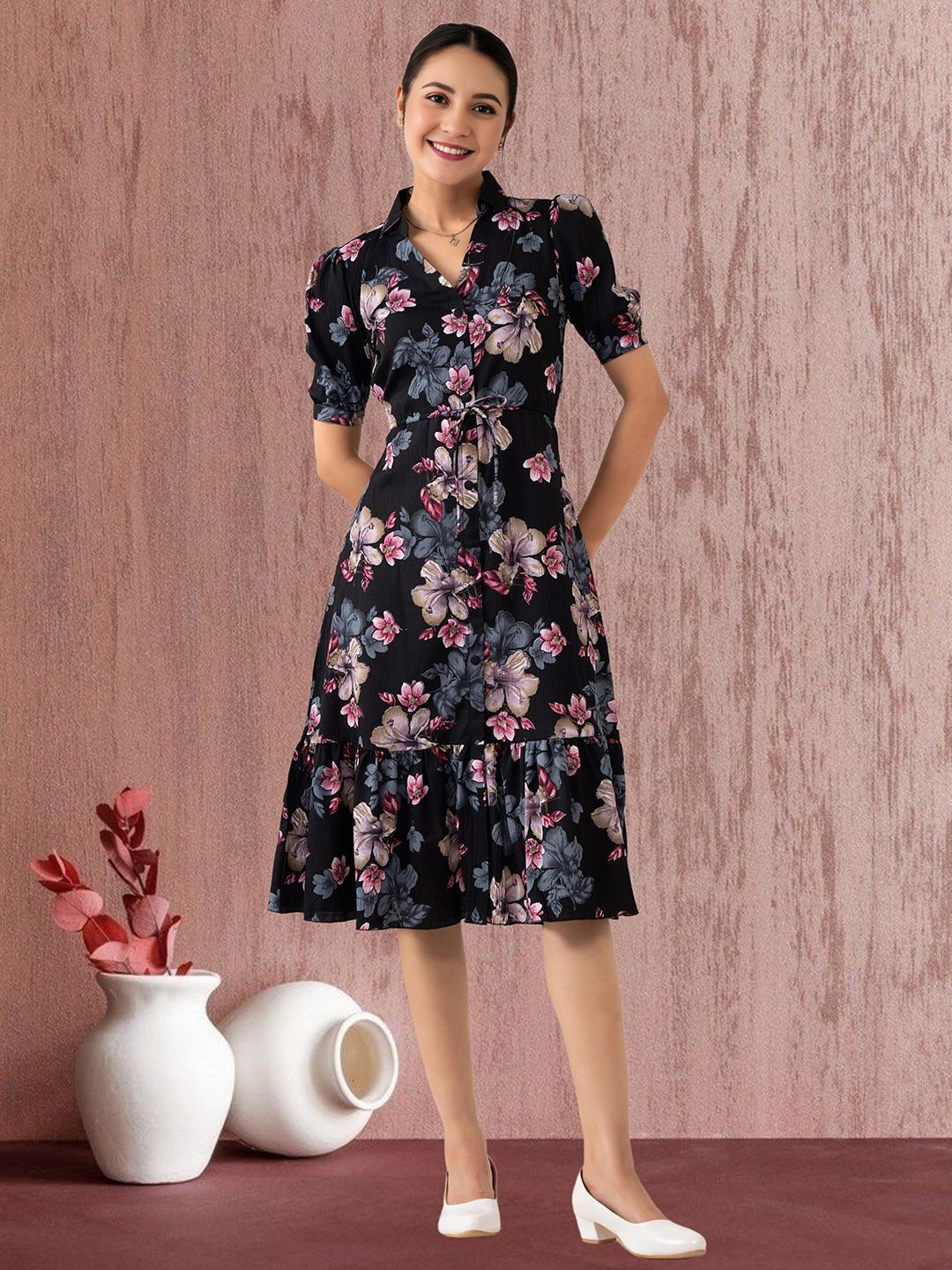 

STARWORD Women Shirt Collar Fit & Flare Dress, Black
