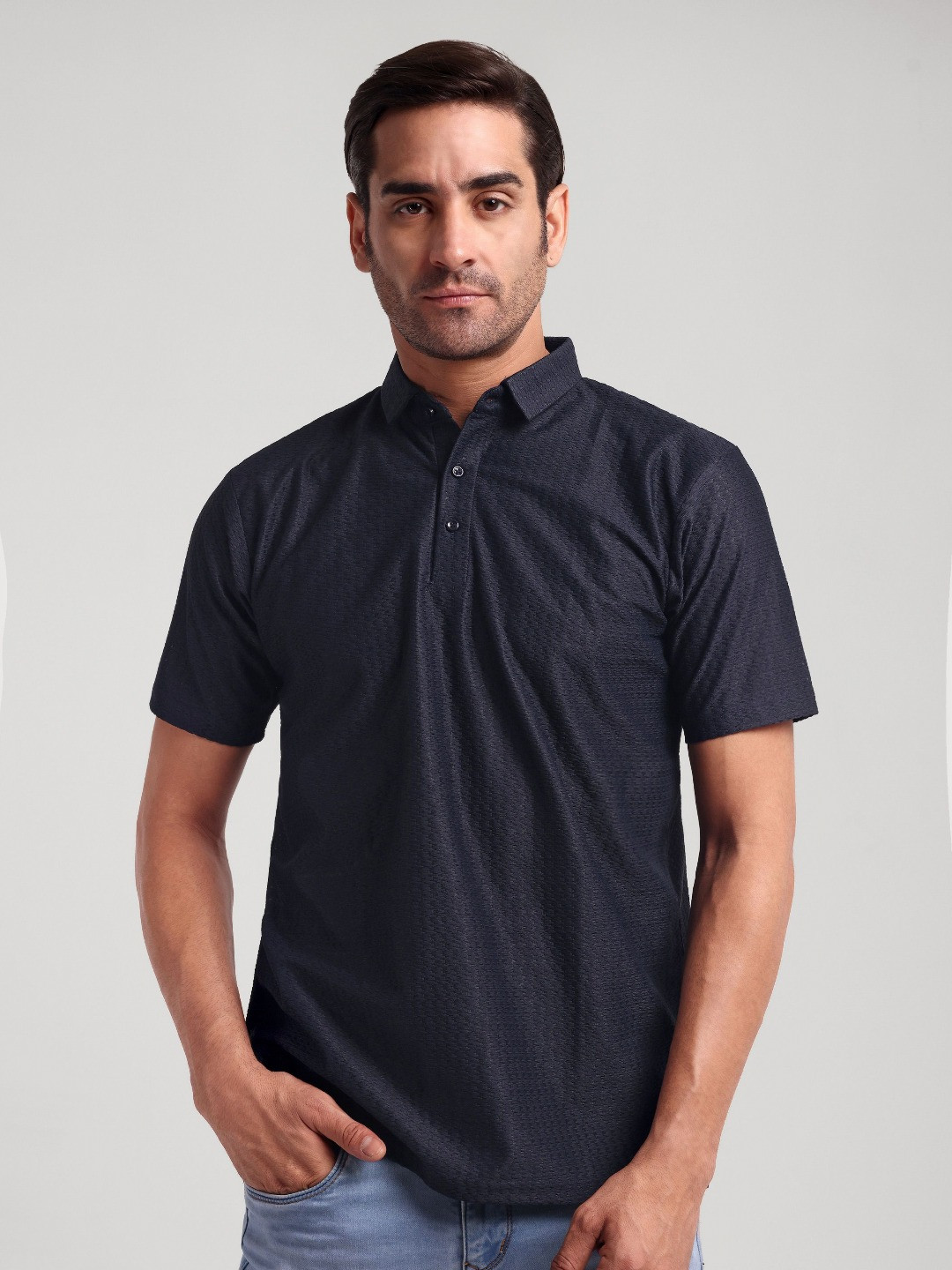 

Moda Rapido Men Self Design Polo Collar Cotton T-shirt, Navy blue