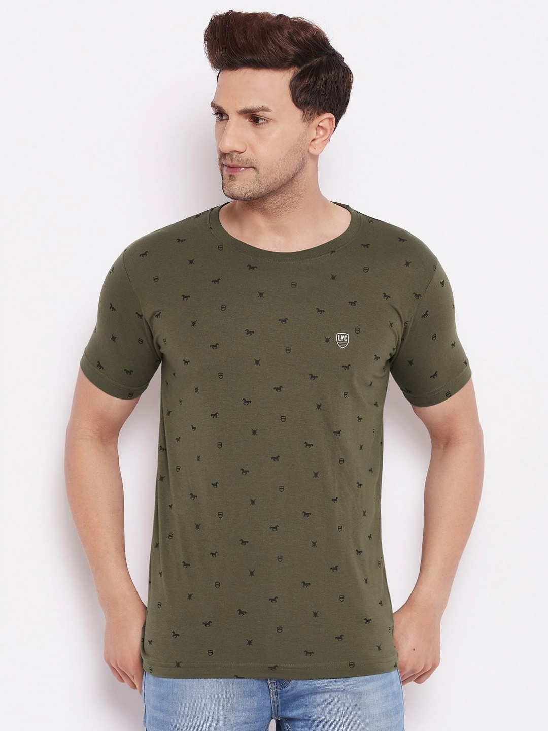 

LYCOS Men Conversational Printed Round Neck Cotton T-shirt, Olive