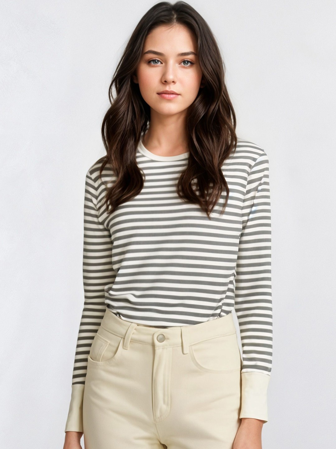 

MACK JONNEY Women Striped Round Neck Cotton T-shirt, Grey