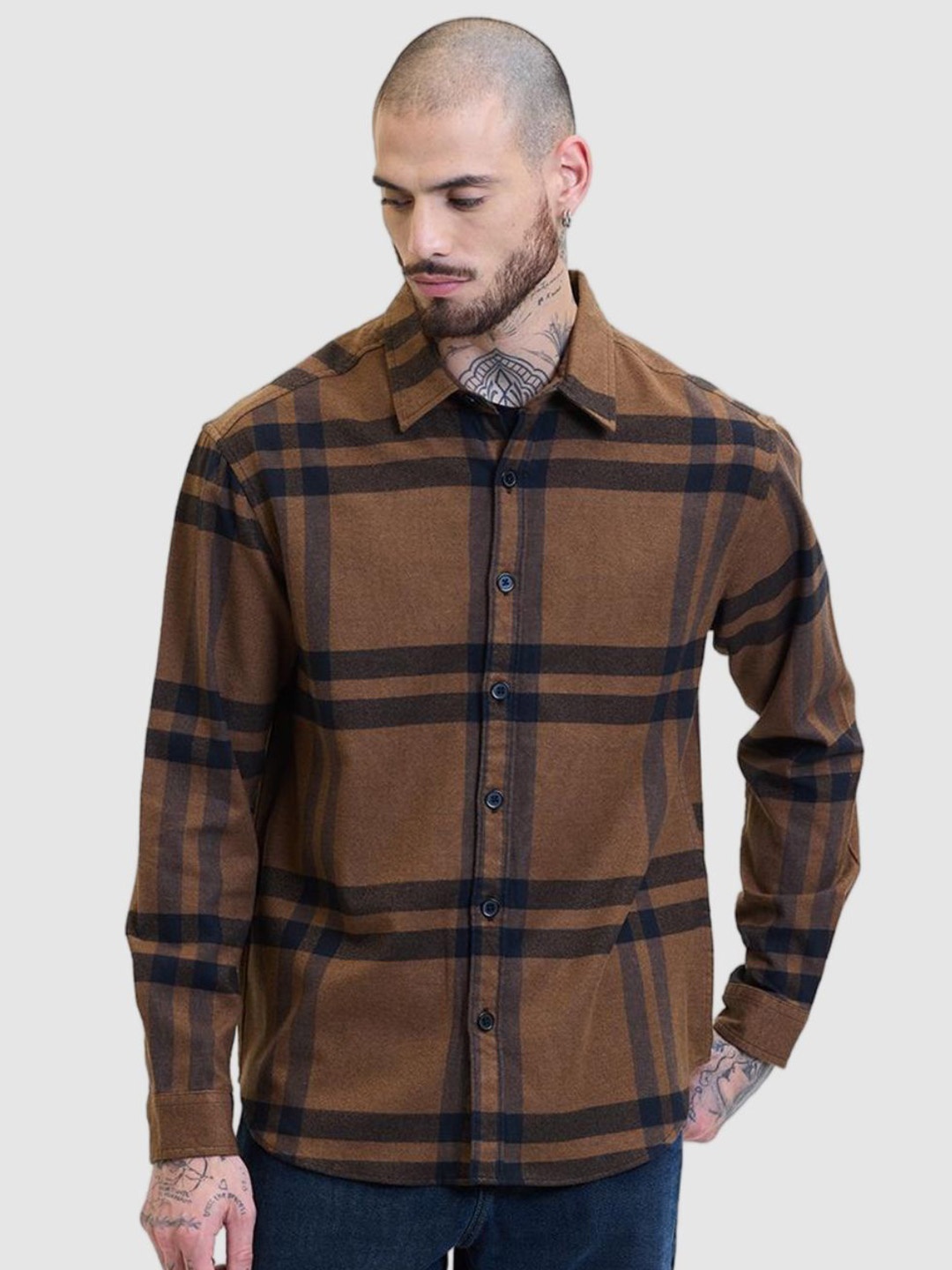 

Snitch Men Checked Open Front Jacket, Brown