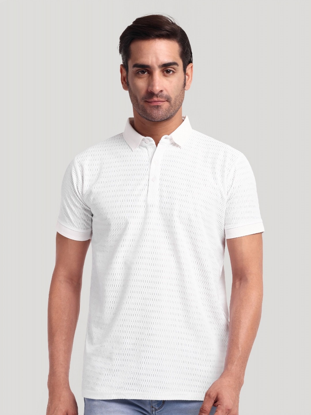 

Moda Rapido Men Self Design Polo Collar Cotton T-shirt, White