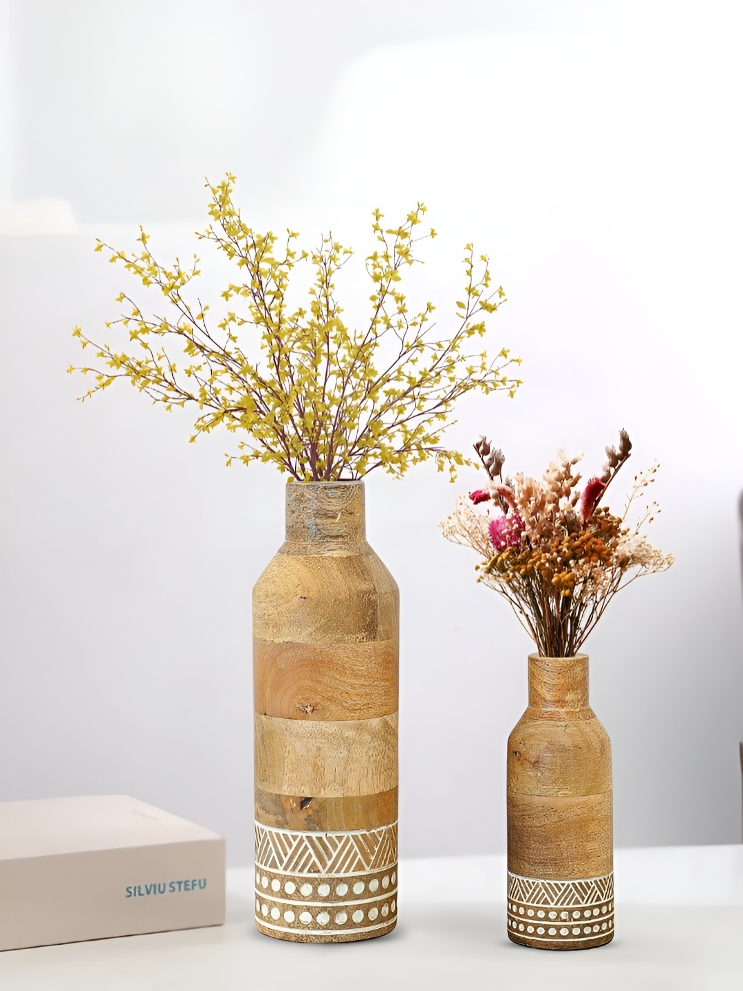 

BEHOMA 2 Pieces Brown & White Textured Wooden Bottle Shaped Vases