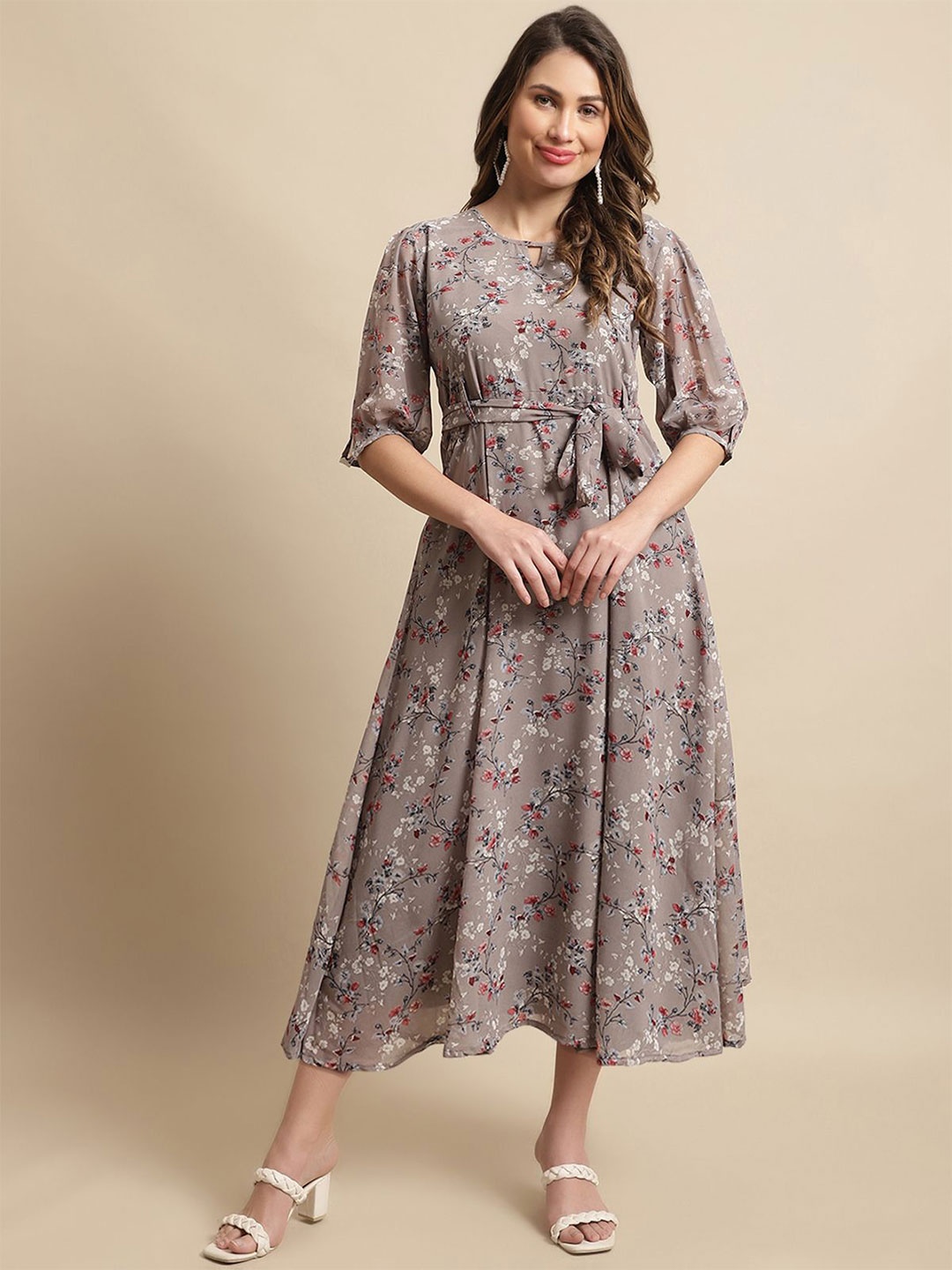 

Tromko Floral Print Keyhole Neck Puff Sleeves Belted Georgette Fit & Flare Midi Dress, Grey