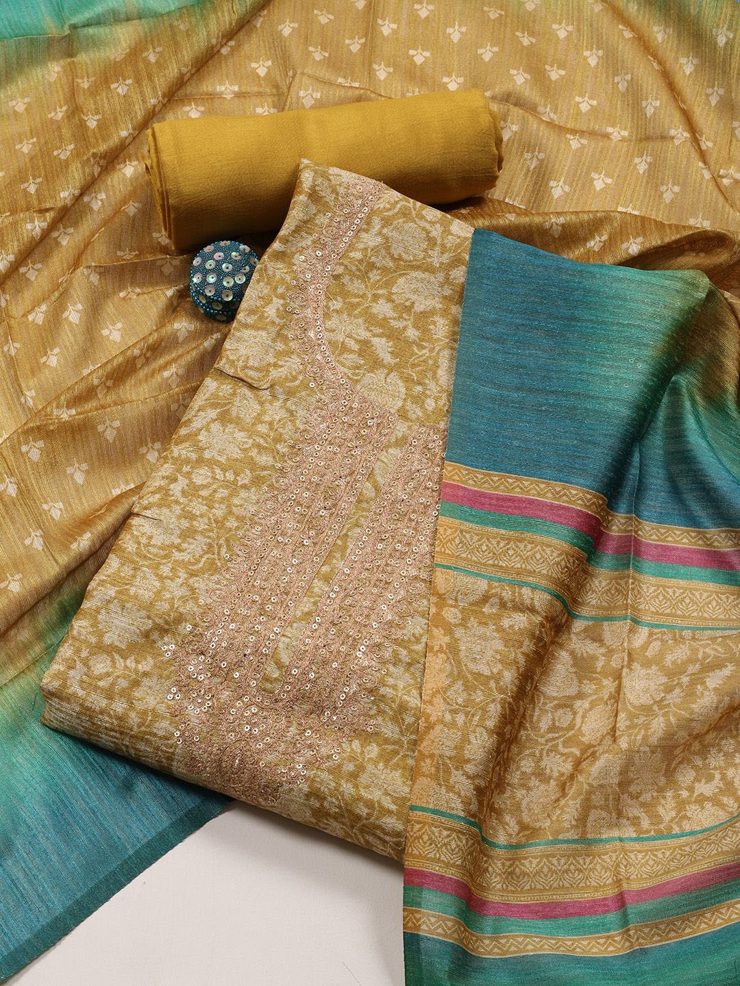 

Meena Bazaar Printed Art Silk Unstitched Dress Material, Mustard
