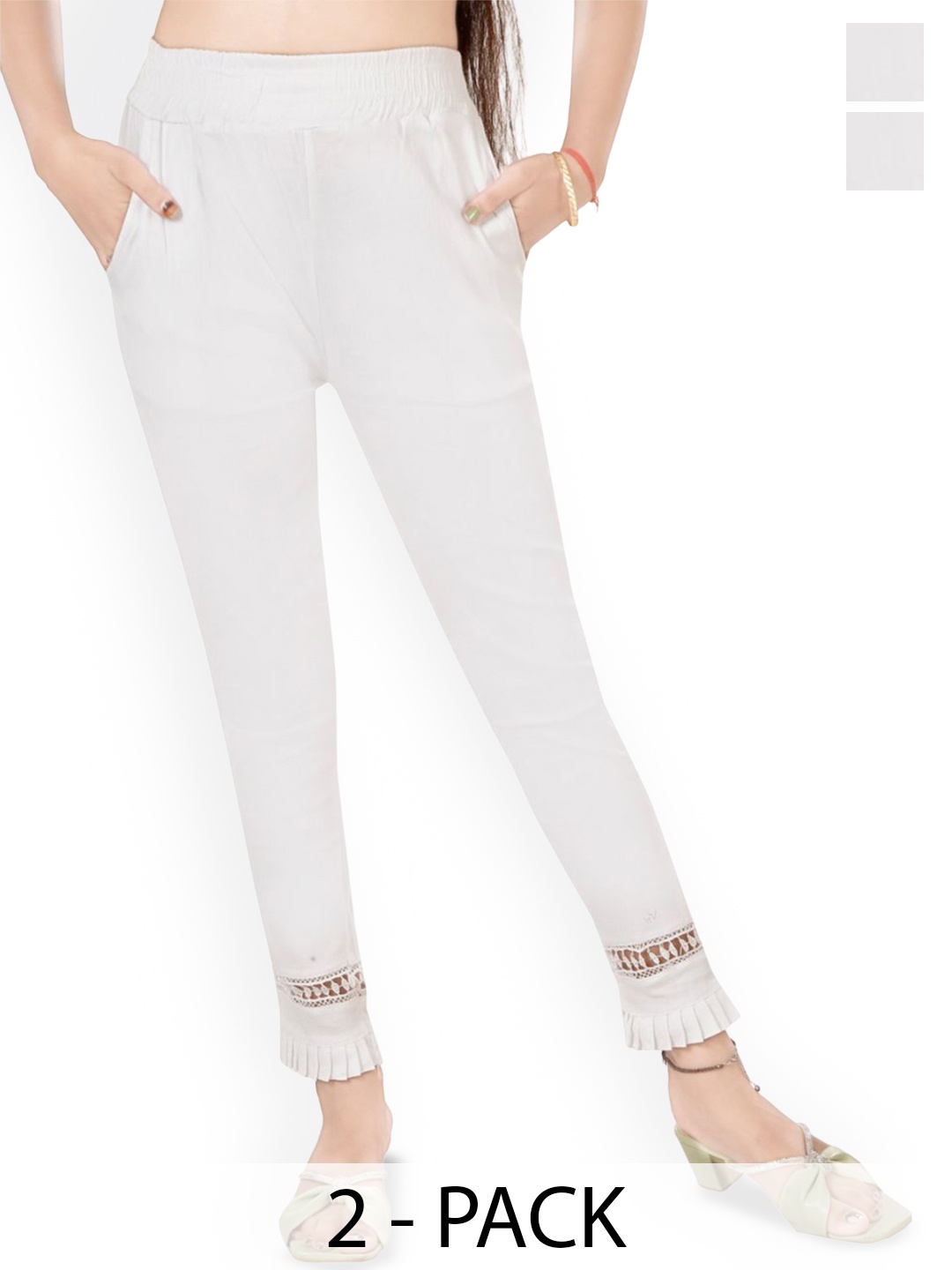 

Fessist Women Pack Of 2 Relaxed Slim Fit Easy Wash Pleated Cigarette Trousers, White