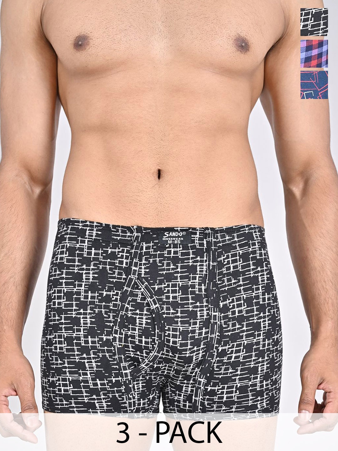 

SANDO Pack Of 3 Printed Pure Cotton Trunks GENIUS-01-08-10, Black