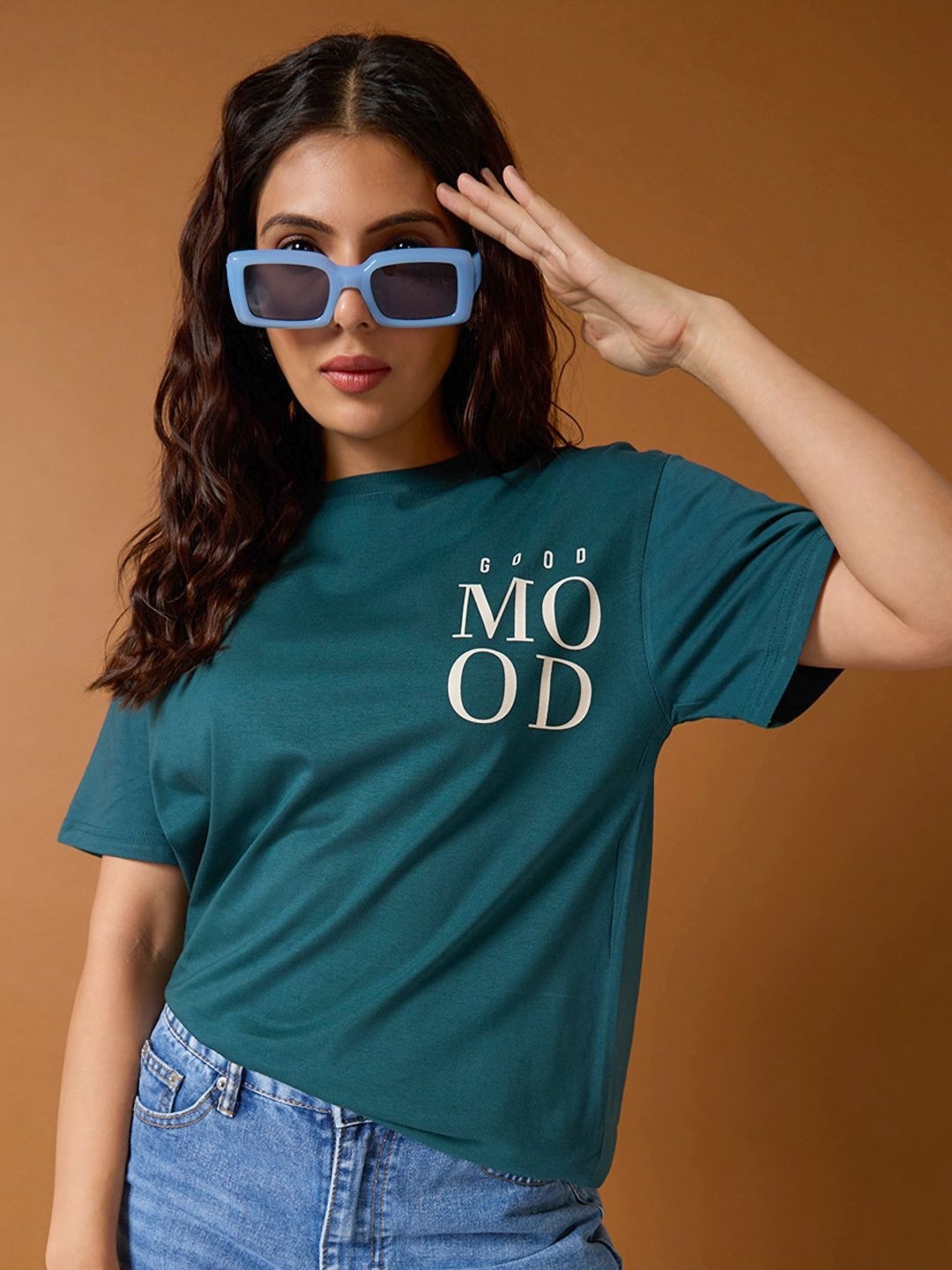 

Mast & Harbour Women Typography Printed Round Neck Cotton Oversized T-shirt, Teal