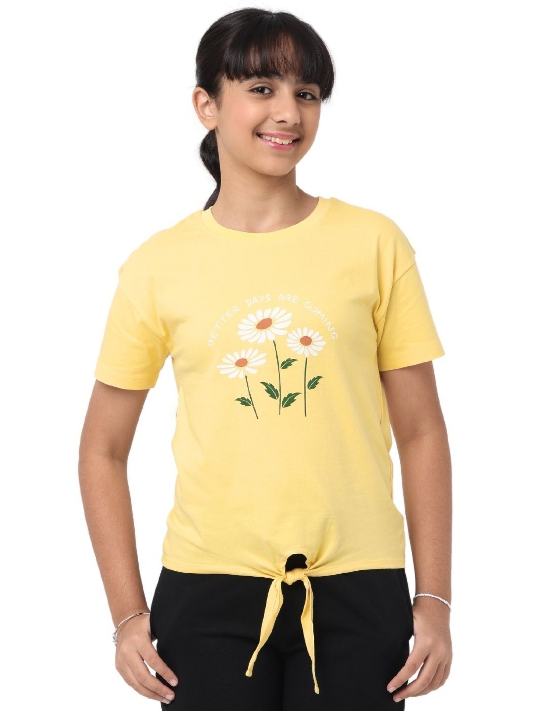 

Nuego Girls Floral Printed Bio Finish Round Neck Half Sleeve Cotton T-shirt, Yellow