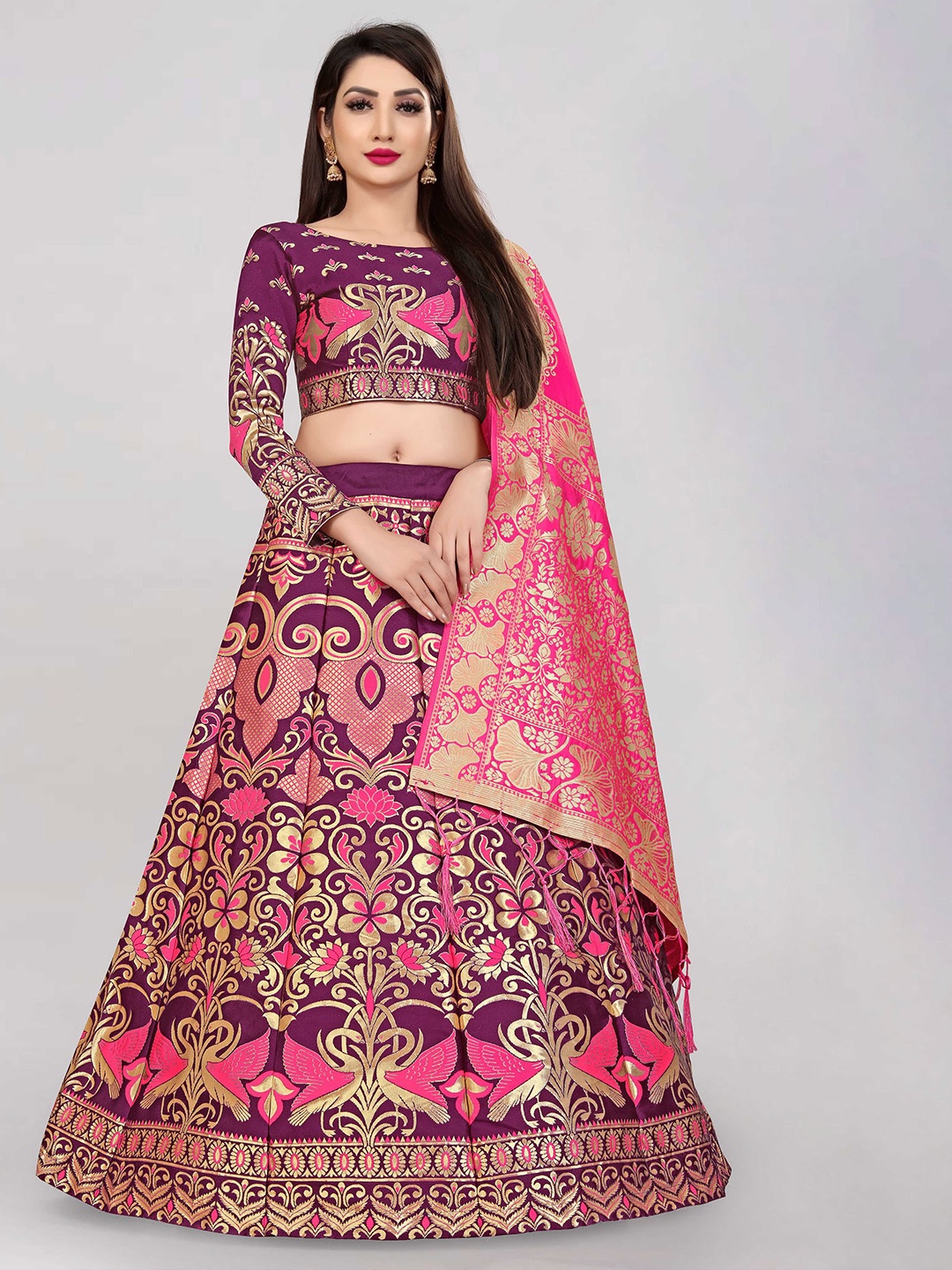 

DIVASTRI Floral Woven Design Semi-Stitched Jacquard Lehenga With Blouse & Dupatta, Pink