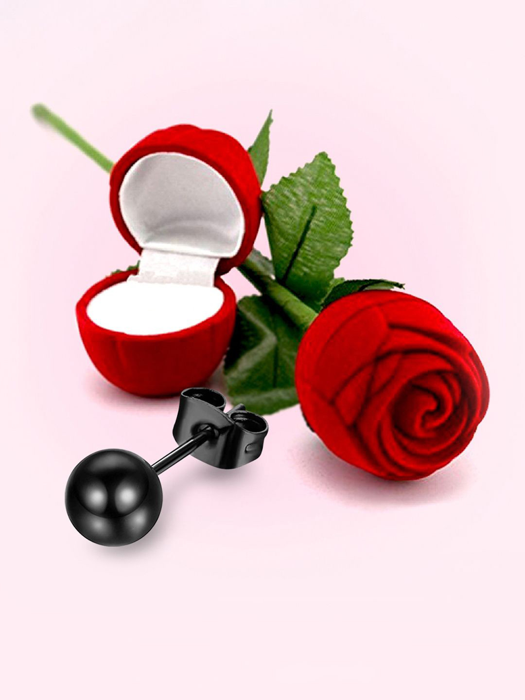 

Peora Men Stainless Steel Spherical Shaped Studs With Red Rose Jewellery Box, Black