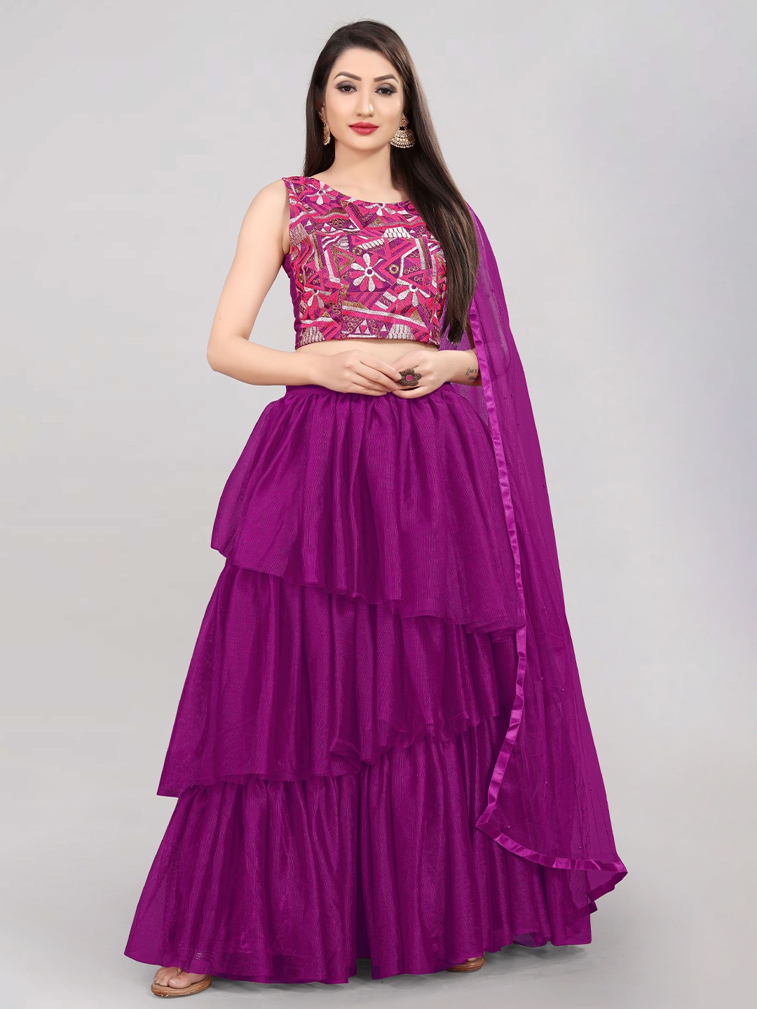 

DIVASTRI Floral Embroidered Semi-Stitched Lehenga & Unstitched Choli With Dupatta, Purple
