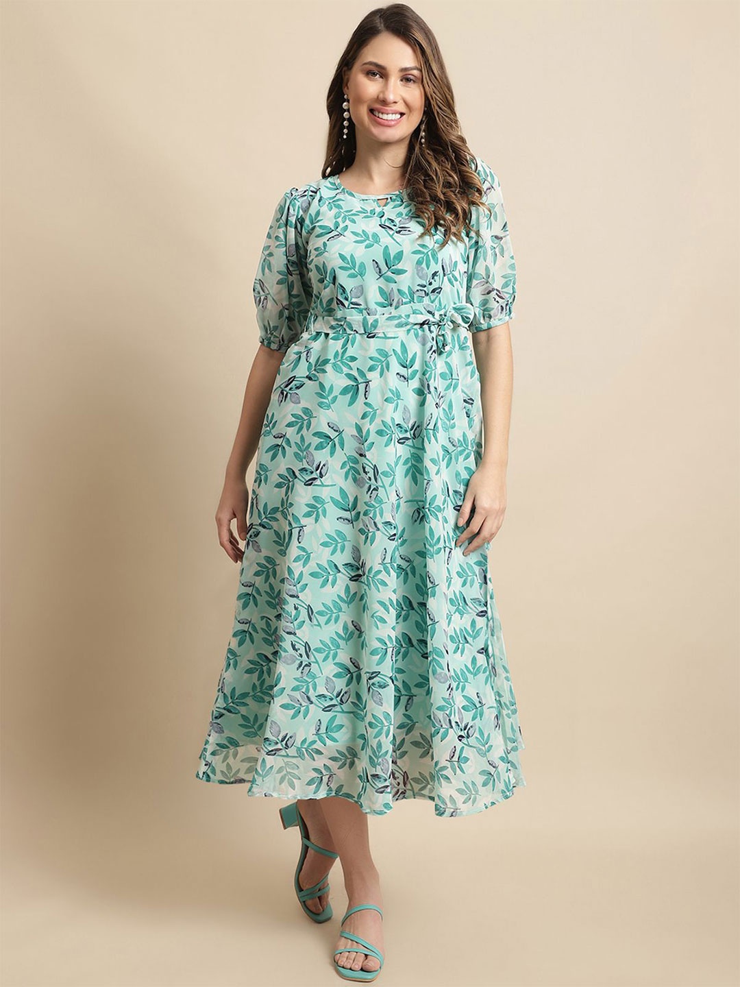 

Tromko Women Floral Printed Fit & Flare Midi Dress with a Belt, Teal