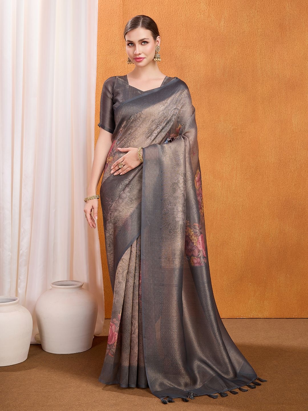 

Mantrotsav Floral Tissue Saree, Grey