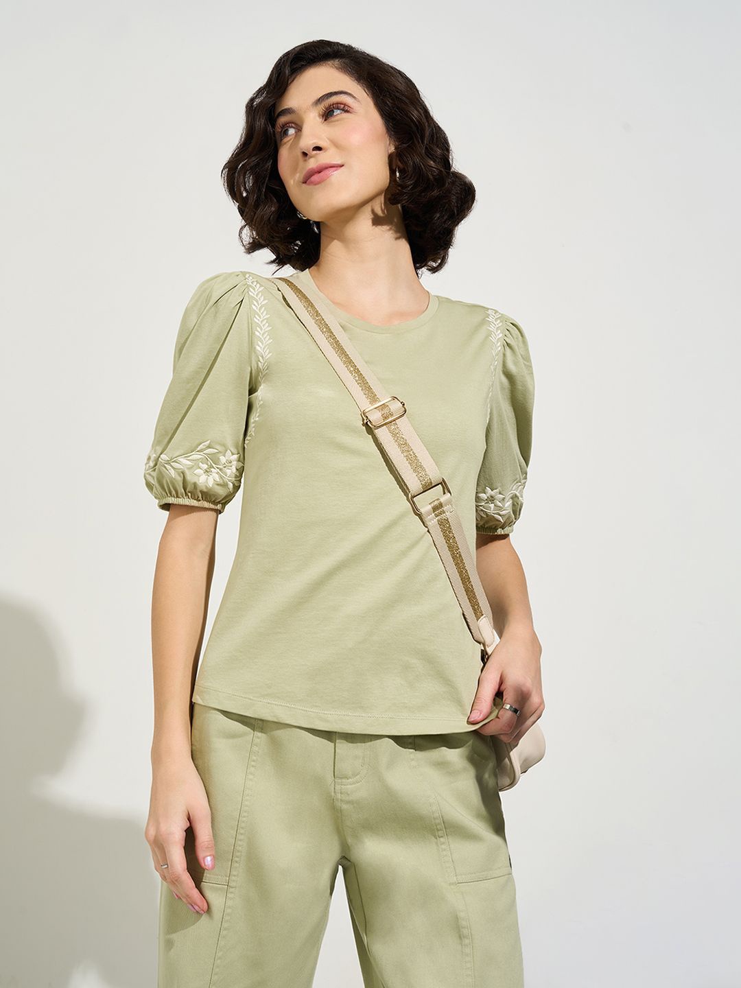 

Honey by Pantaloons Puff Sleeve Cotton Top, Olive