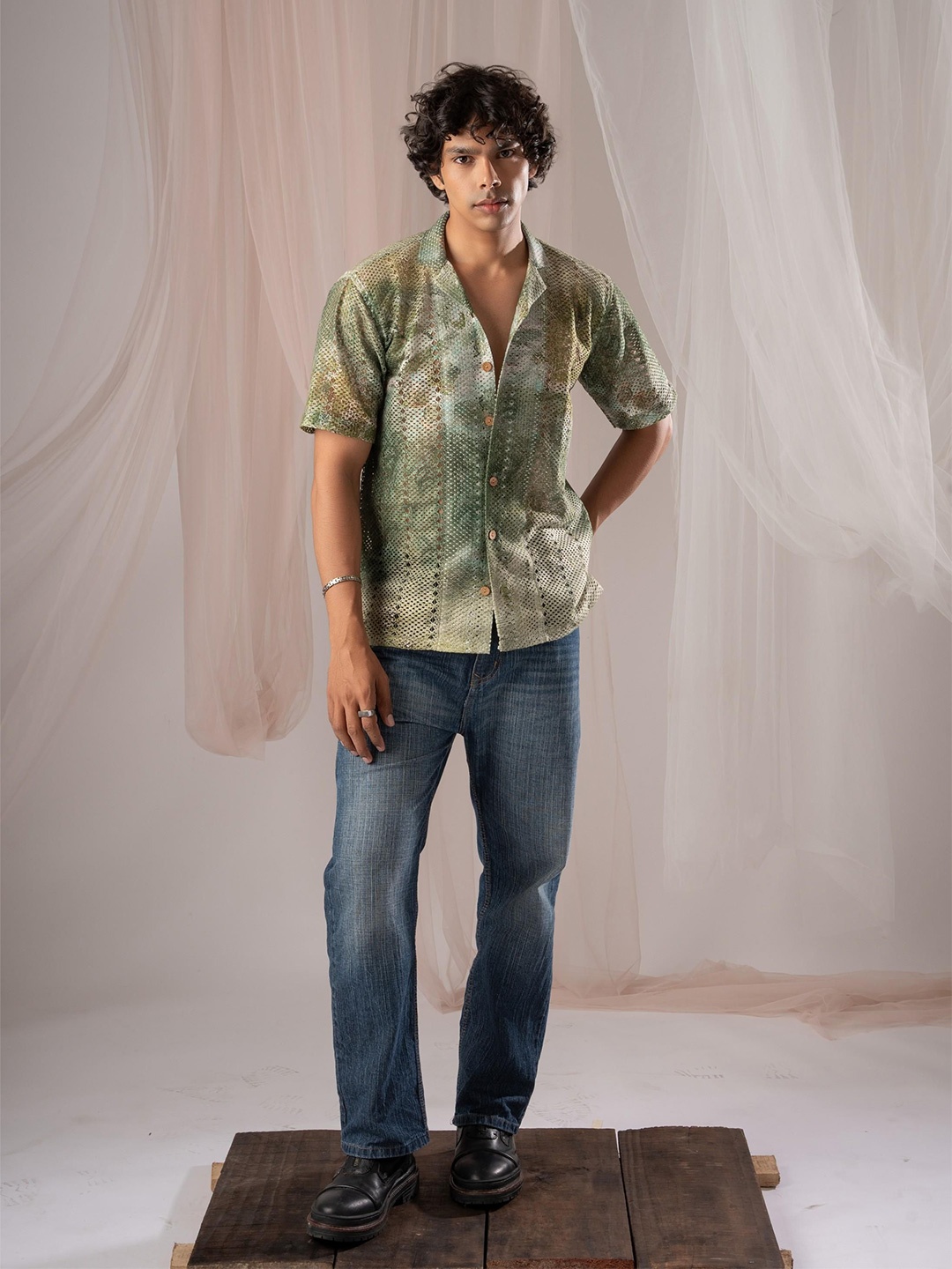 

5 Stitch Men Premium Opaque Casual Shirt, Green