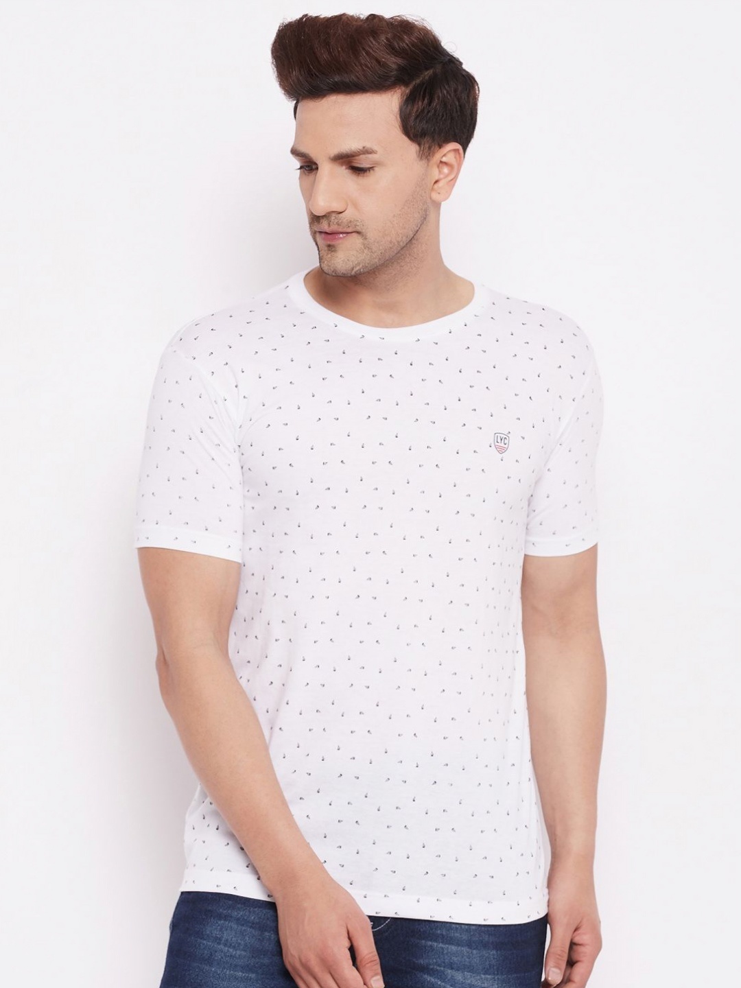 

LYCOS Men Geometric Printed Round Neck Cotton T-shirt, White