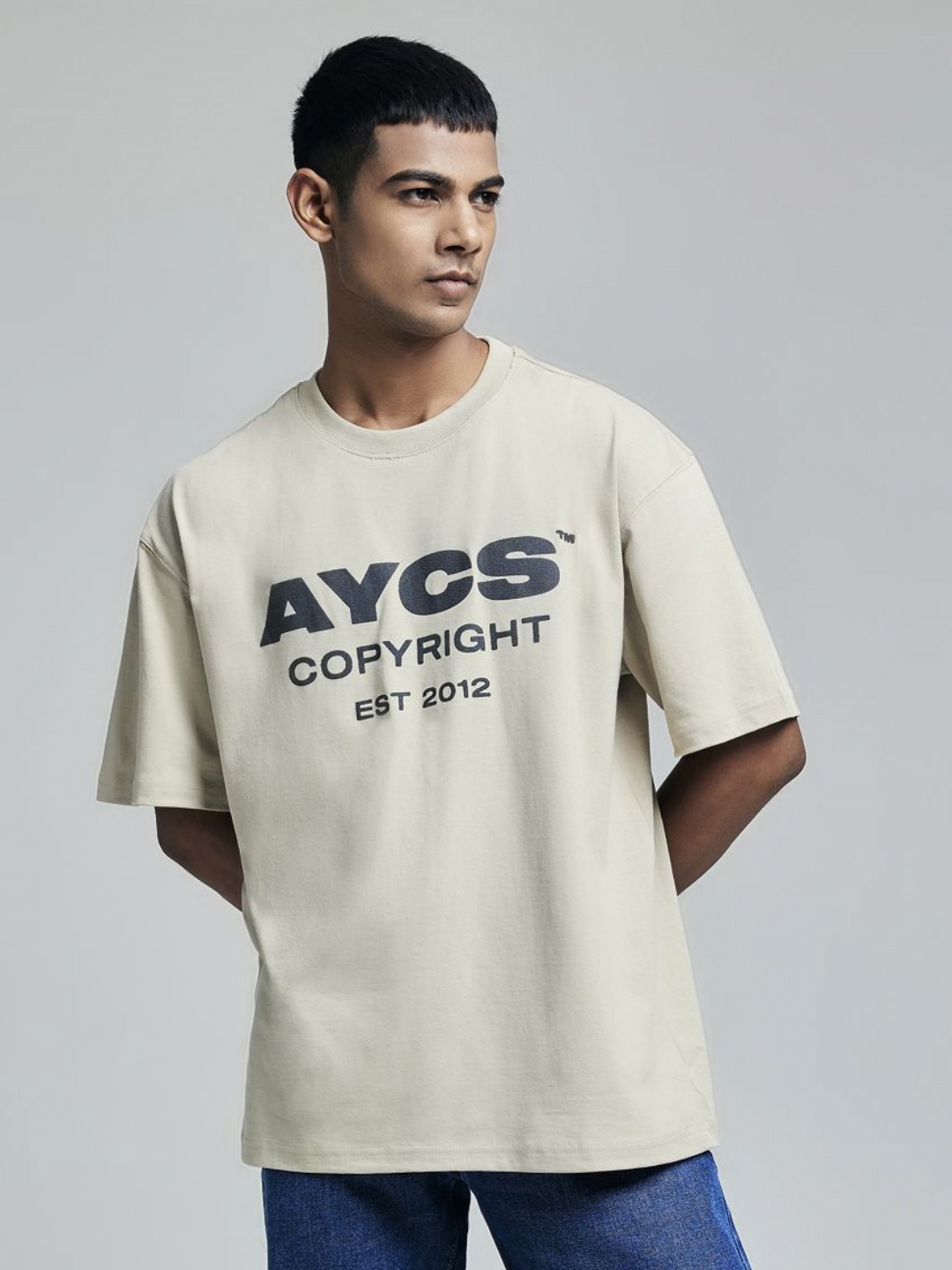 

AYCS Men Typography Printed Round Neck Cotton Oversized T-shirt, Off white