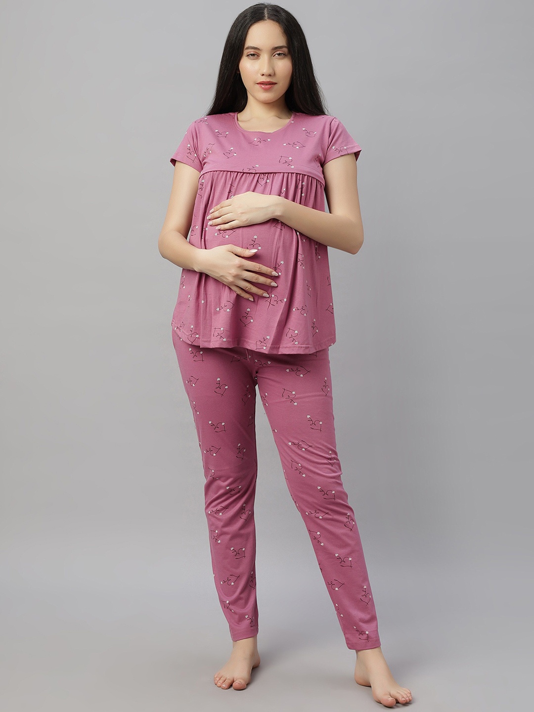 

DZZO Women Printed Night suit, Pink