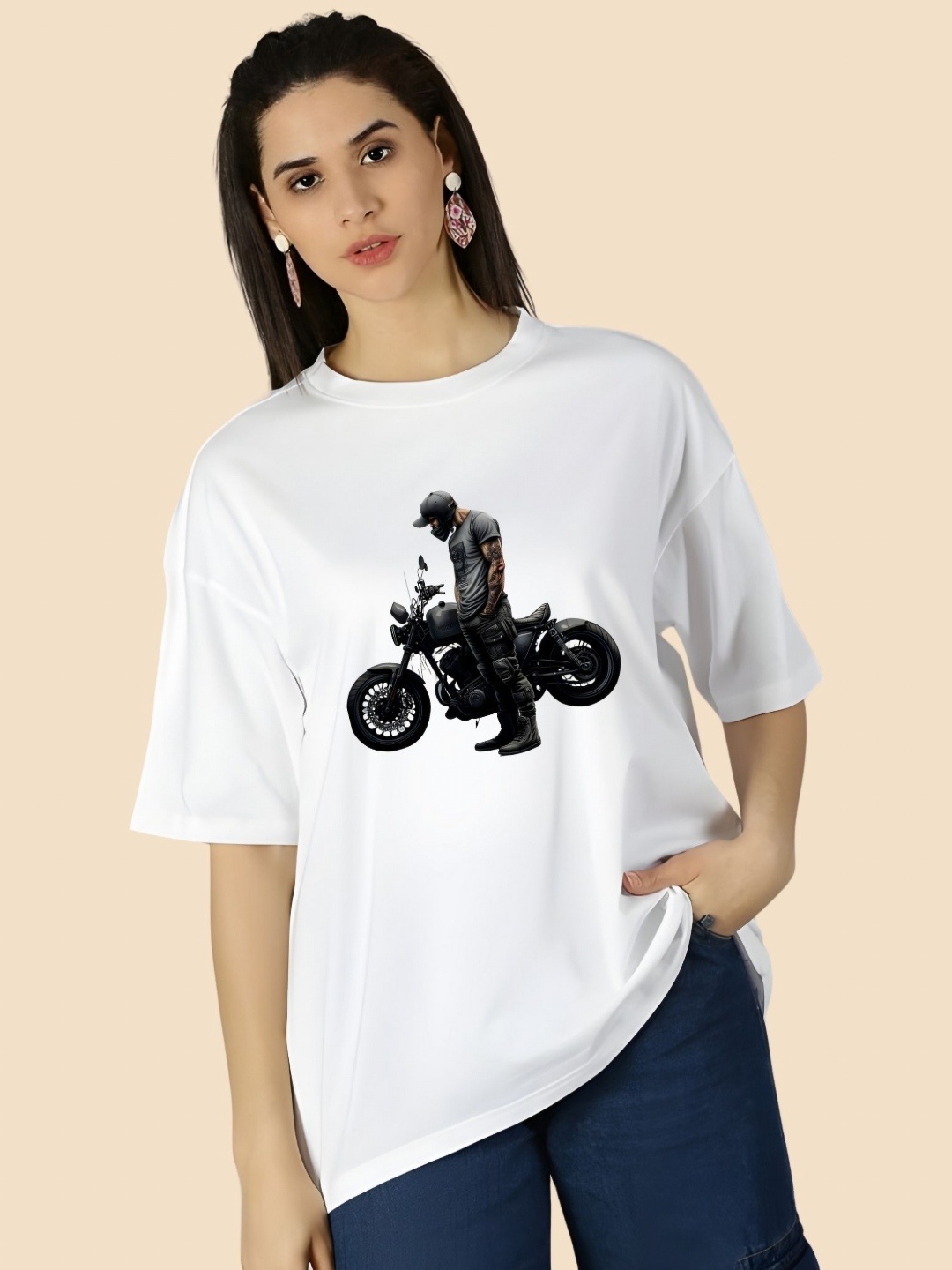 

SZN Women Graphic Printed Round Neck Cotton Oversized T-shirt, White