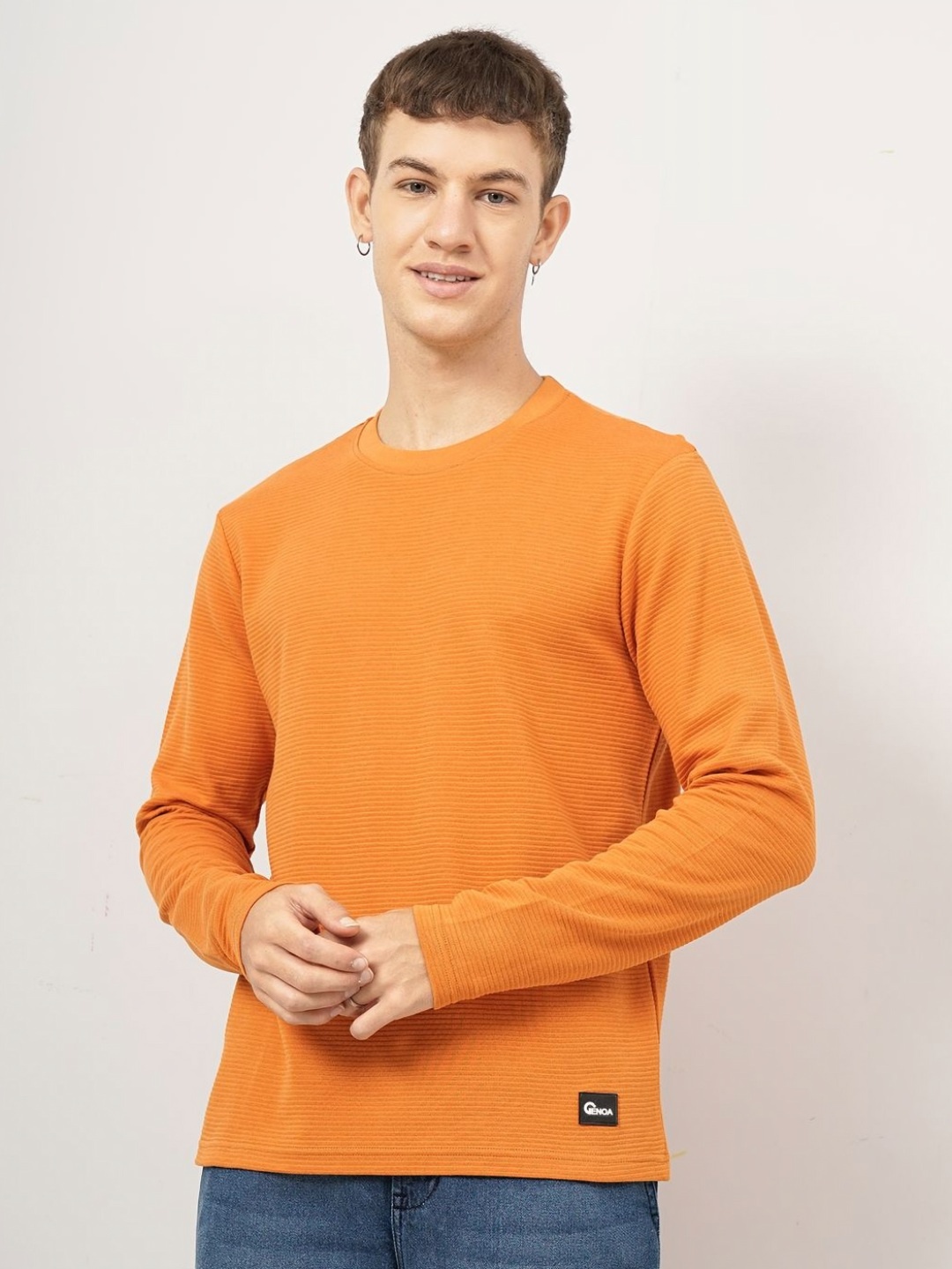 

Genoa Men Self Design Round Neck Cotton T-shirt, Orange