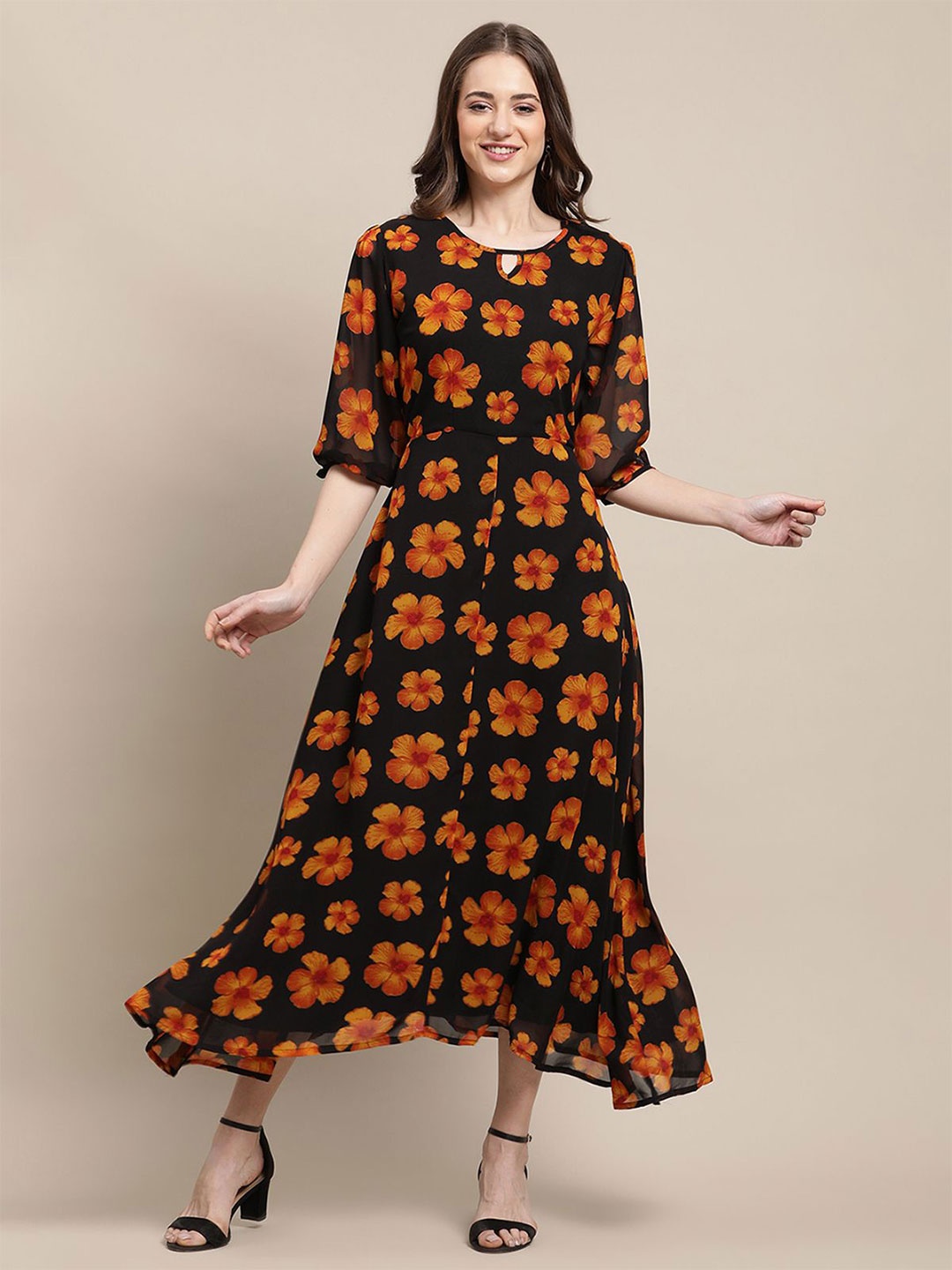 

Tromko Floral Print Georgette Fit & Flare Midi Dress, Black