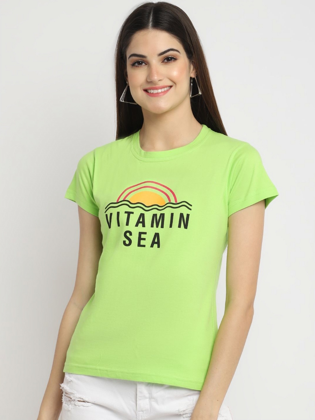 

Tromko Women Typography Printed Round Neck Regular Fit Cotton T-shirt, Green