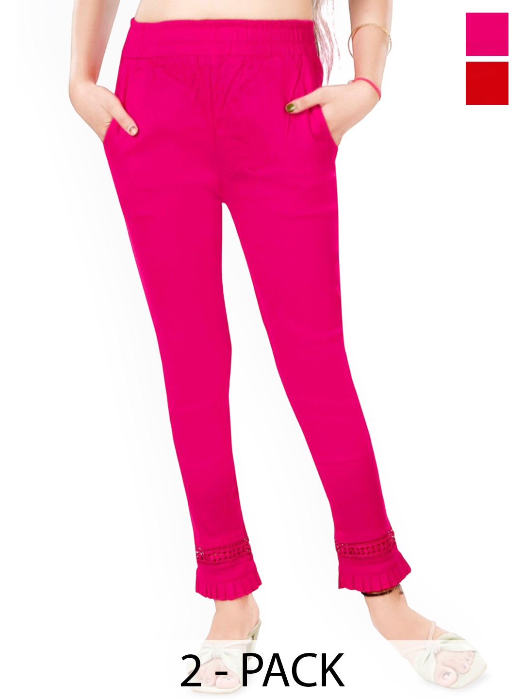 

Fessist Women Pack Of 2 Relaxed Slim Fit Easy Wash Pleated Cigarette Trousers, Multi