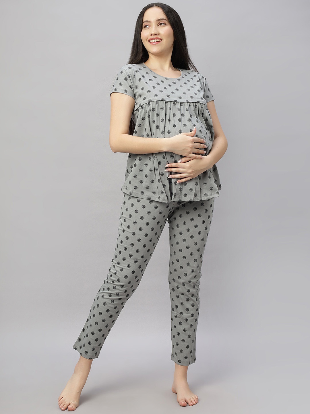 

DZZO Women Printed Night suit, Grey
