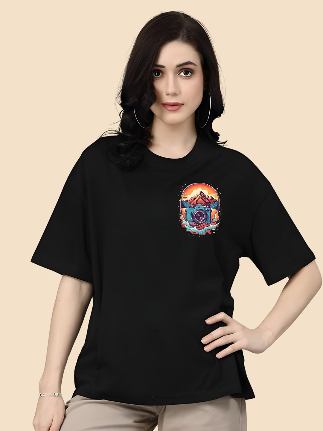 

SZN Women Graphic Printed Round Neck Cotton Oversized T-shirt, Black