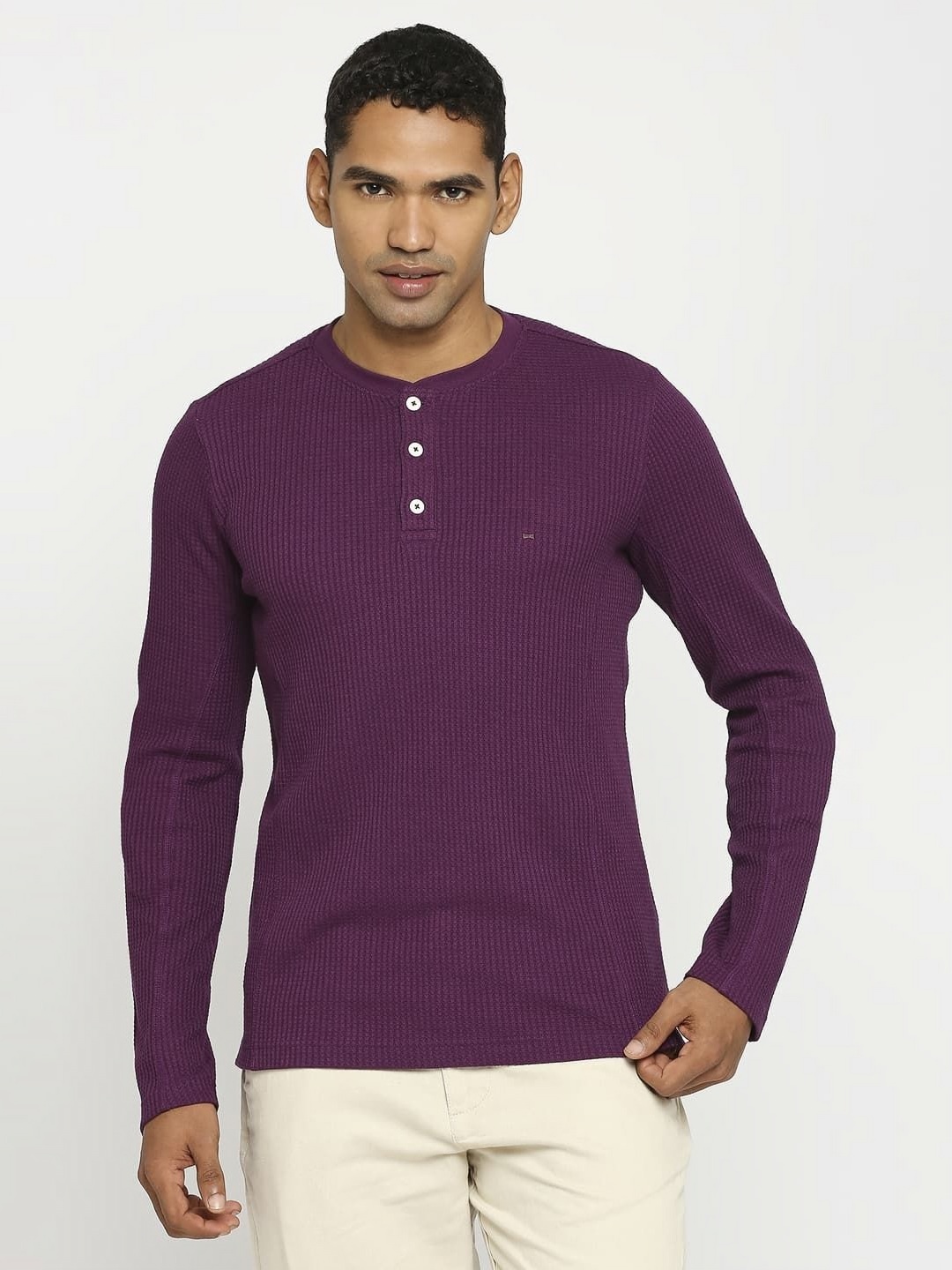 

Basics Men Solid Henley Neck Cotton T-shirt, Purple