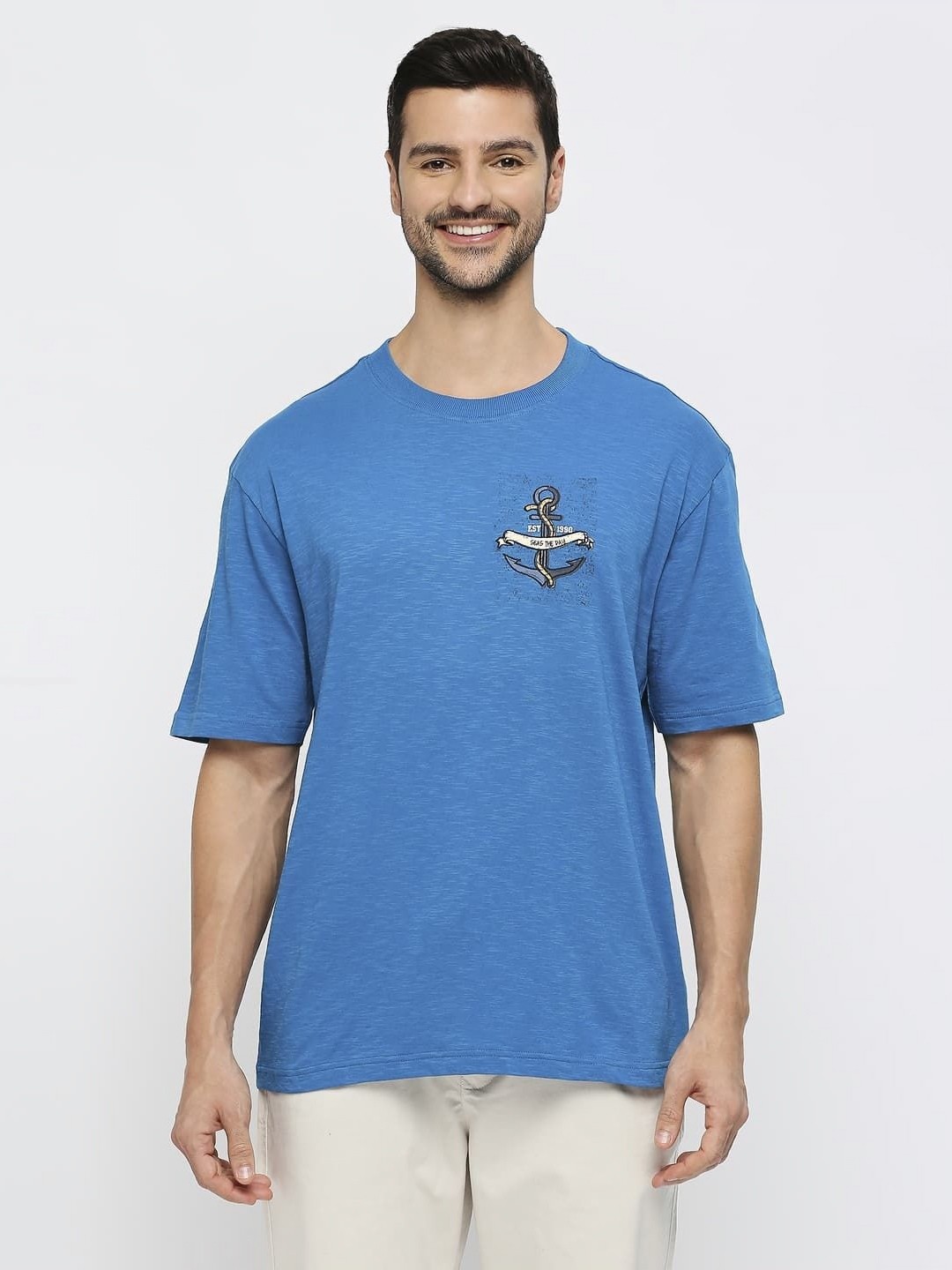 

Basics Men Graphic Printed Round Neck Cotton Relaxed Fit T-shirt, Blue