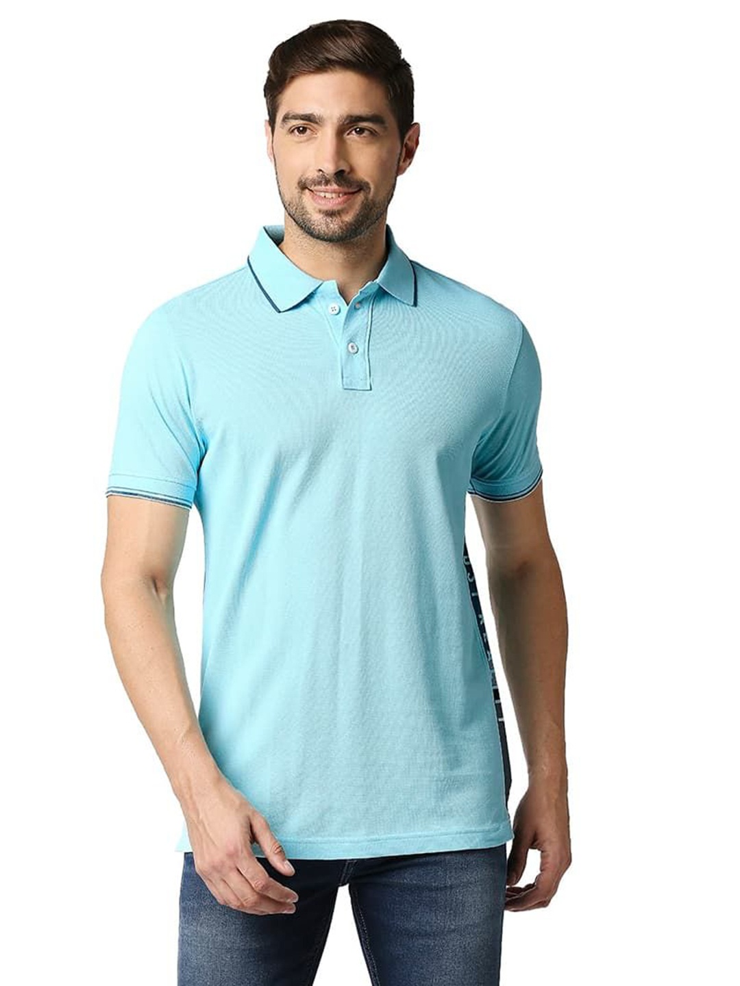 

Basics Men Solid Polo Collar Cotton T-shirt, Turquoise blue