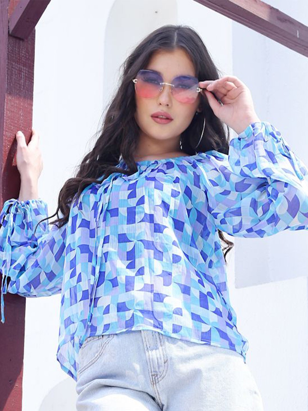 

Sera Geometric Checked Tie-Up Neck Chiffon Top, Blue