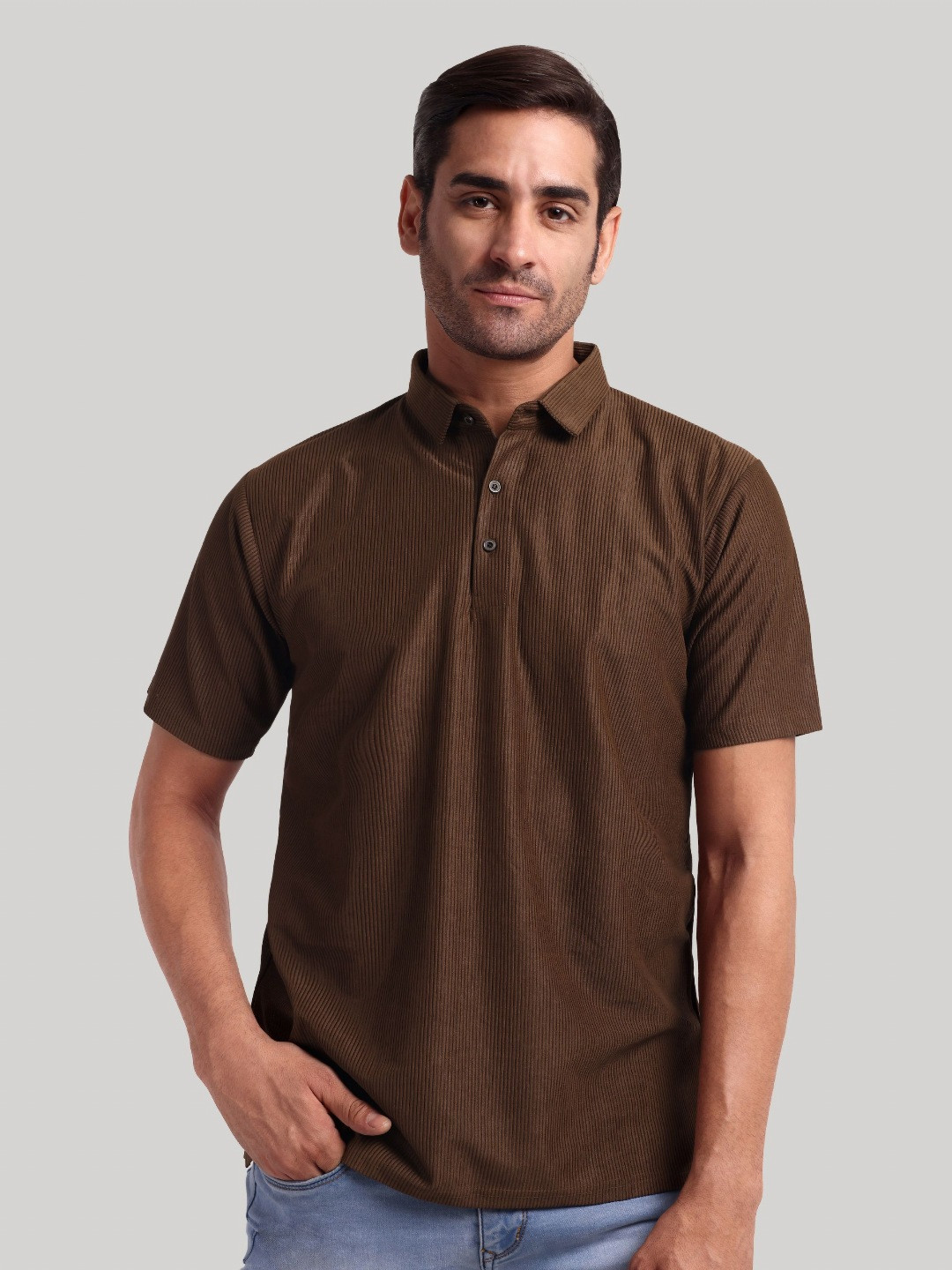 

Moda Rapido Men Self Design Polo Collar Cotton T-shirt, Brown